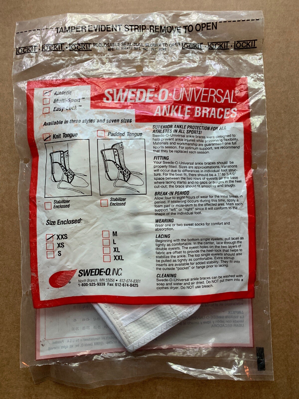 SWEDE-O UNIVERSAL ATHLETIC KNIT TONGUE ANKLE BRACE, EXTRA EXTRA SMALL XXS, NEW