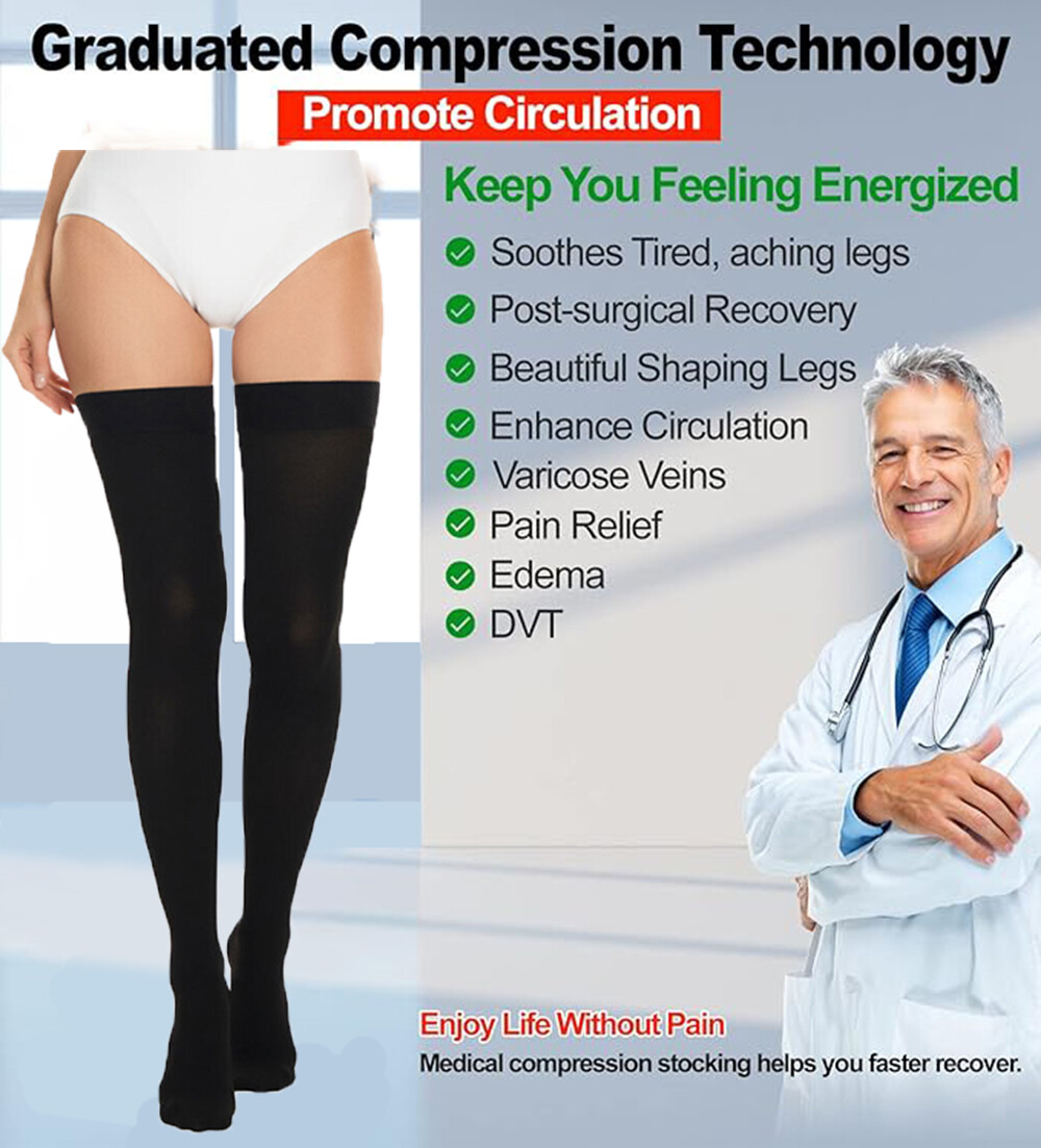 Medical Compression Stockings for Varicose Vein Swollen legs w/Silicone Band