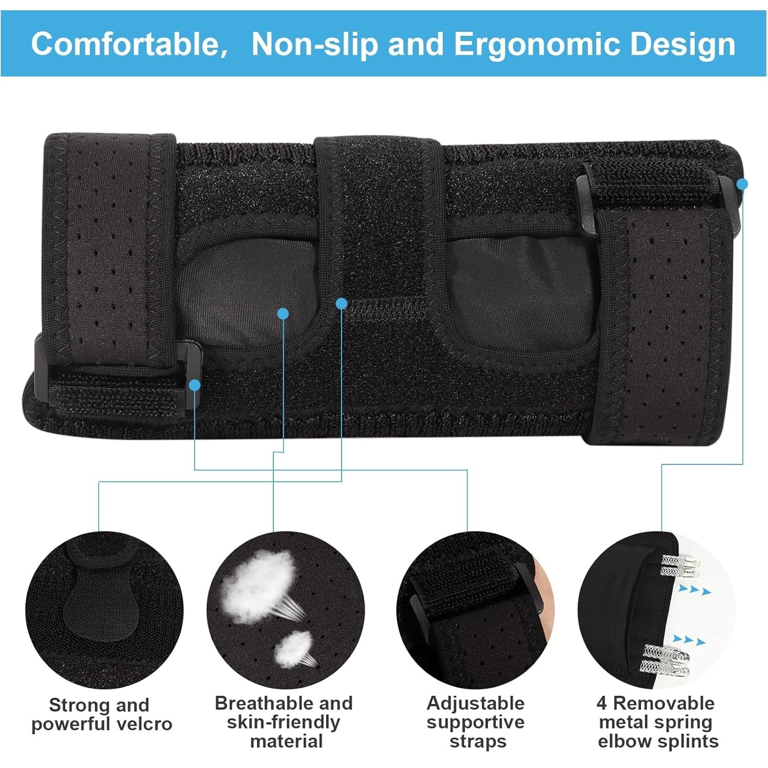 Elbow Brace Strap Tendinitis Golf Tennis With Removable Spring Splints Support