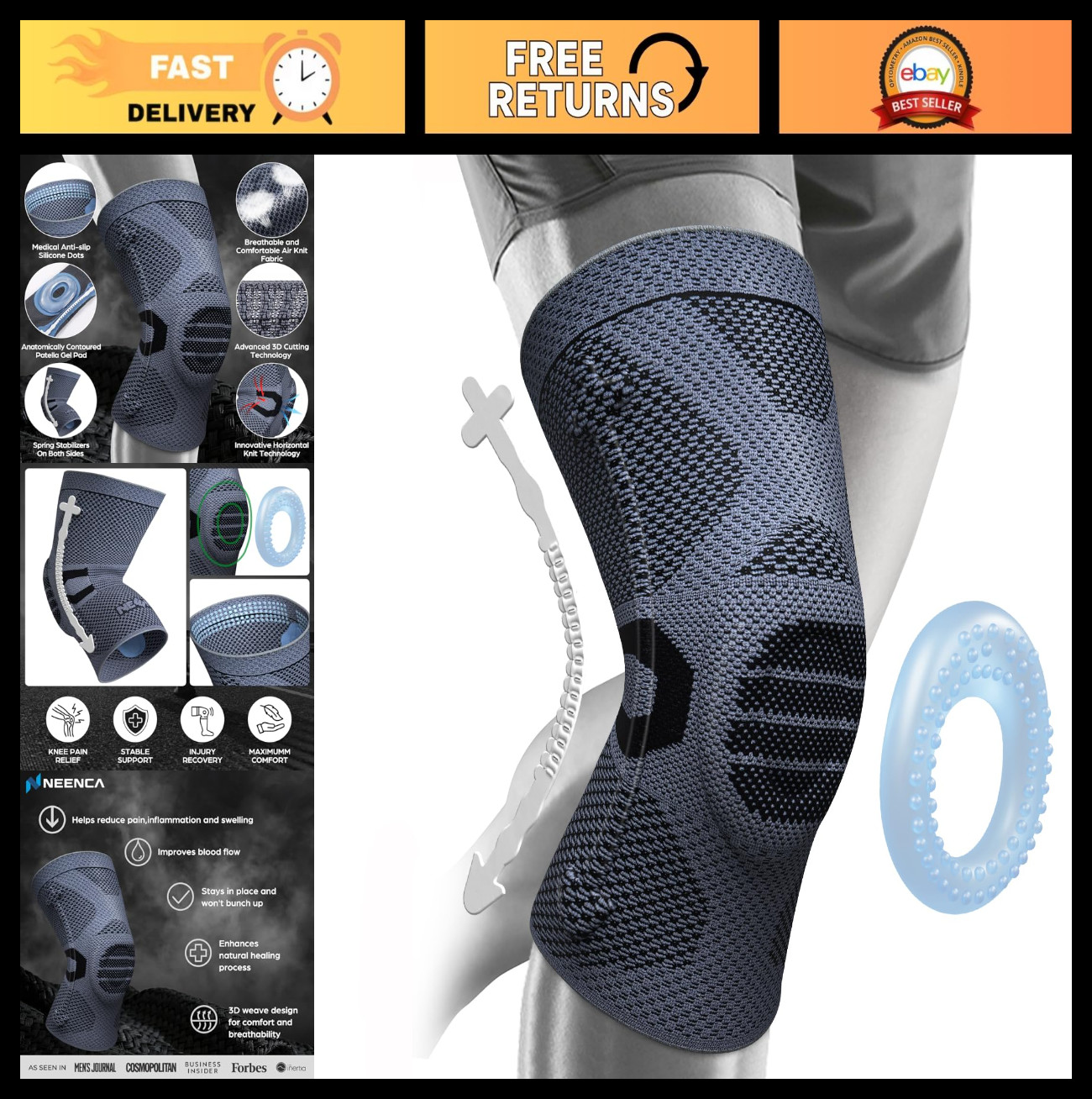 Knee Brace for Pain Relief – Medical Compression Sleeve, Support for ACL, Arthri