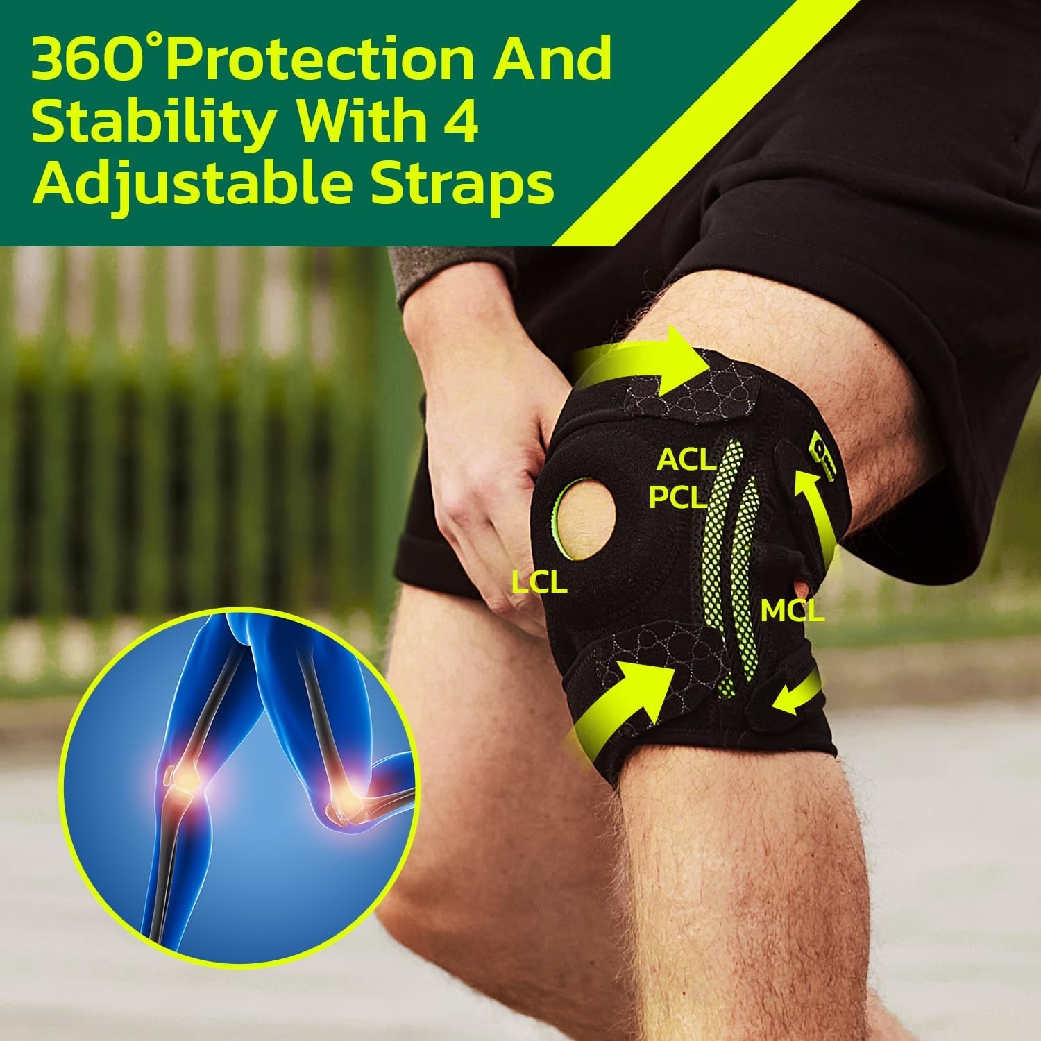 Knee Brace (One Size:Medium) with Dual Side Stabilizers & Patella Gel Pads – 1pc