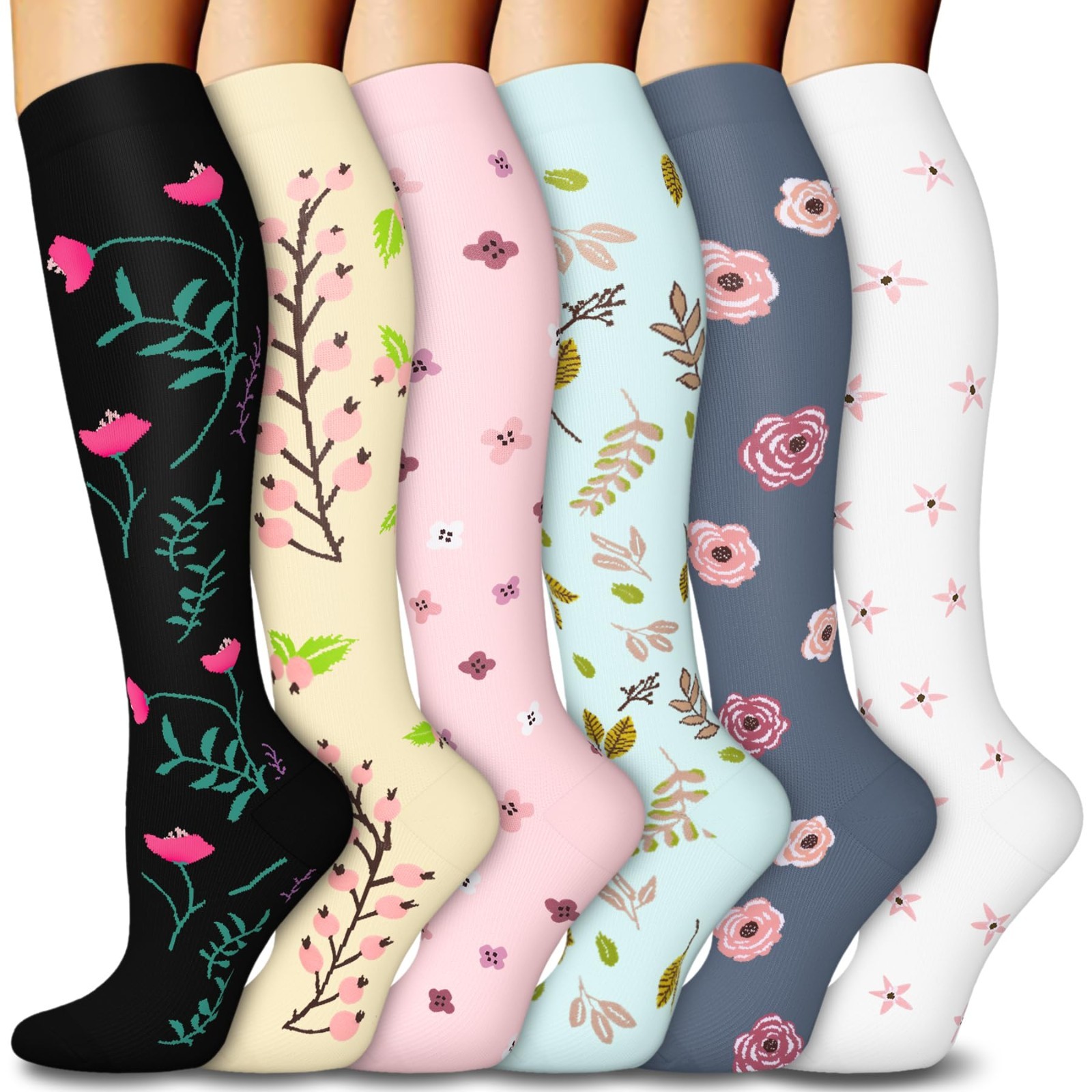 6 Pairs Compression Knee High Socks 15-20mmHg for Men & Women – Support for Nurs