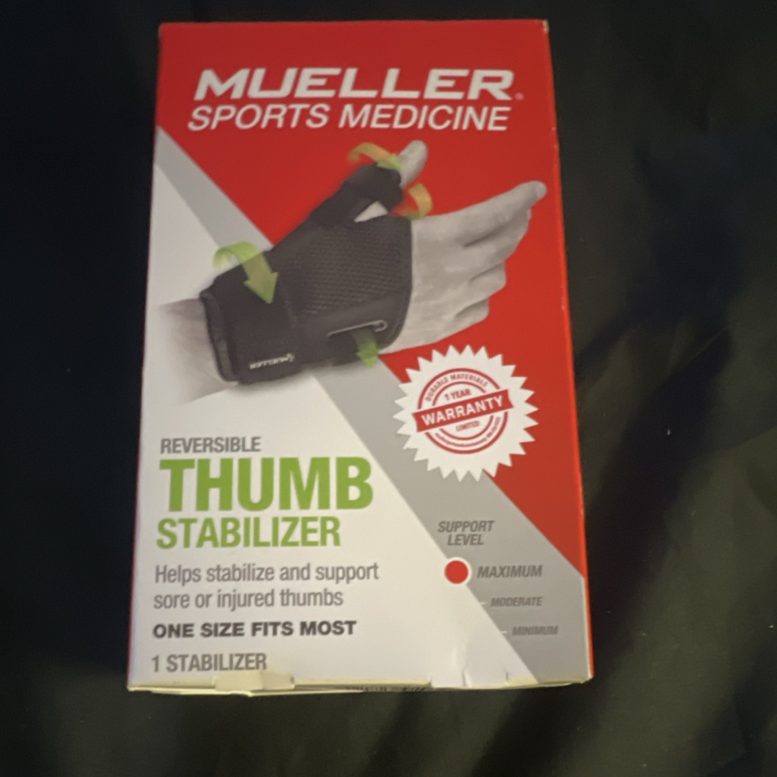 Mueller Reversible Thumb Stabilizer Antimicrobial Black One Size Fits Most