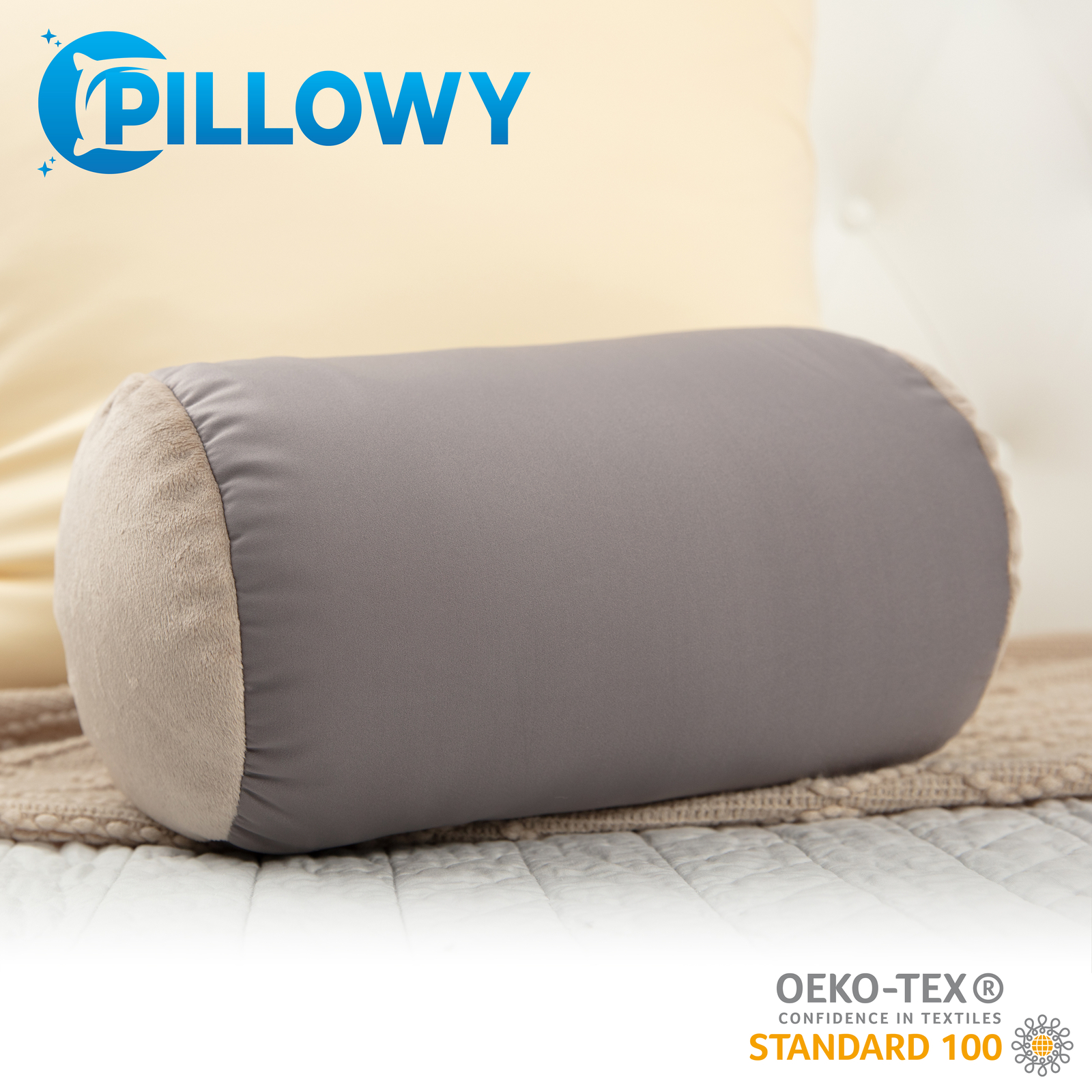 Microbead Bolster Neck Roll Pillow – Silky Feel, 14″ x 8″, Stone Grey