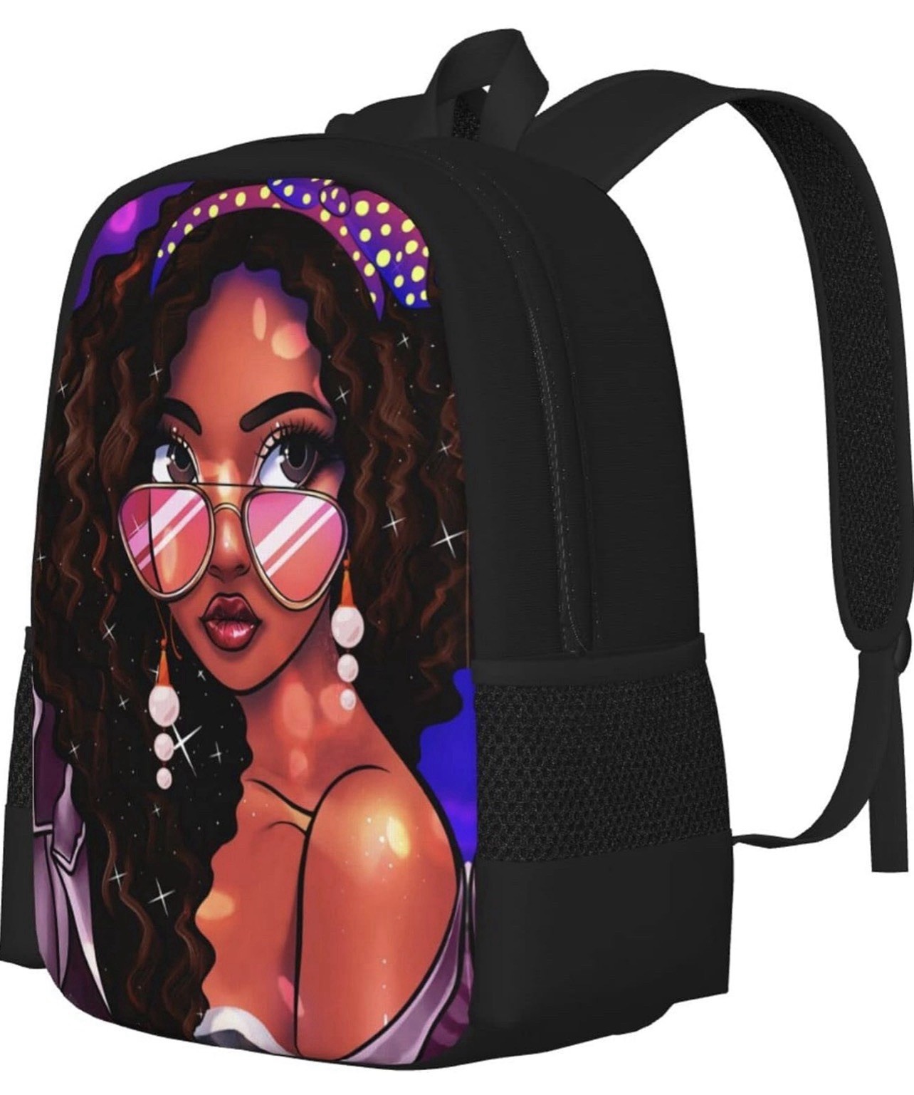 Black Girl Curly Hair Backpack Pink Sunglasses School Laptop Book Bag