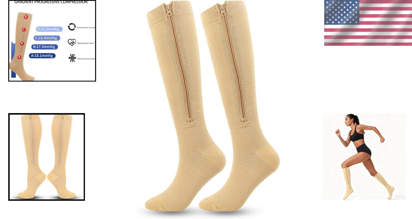 Nylon Zipper Compression Socks Support Graduated Stockings Mens Womens 20-30mmHg
