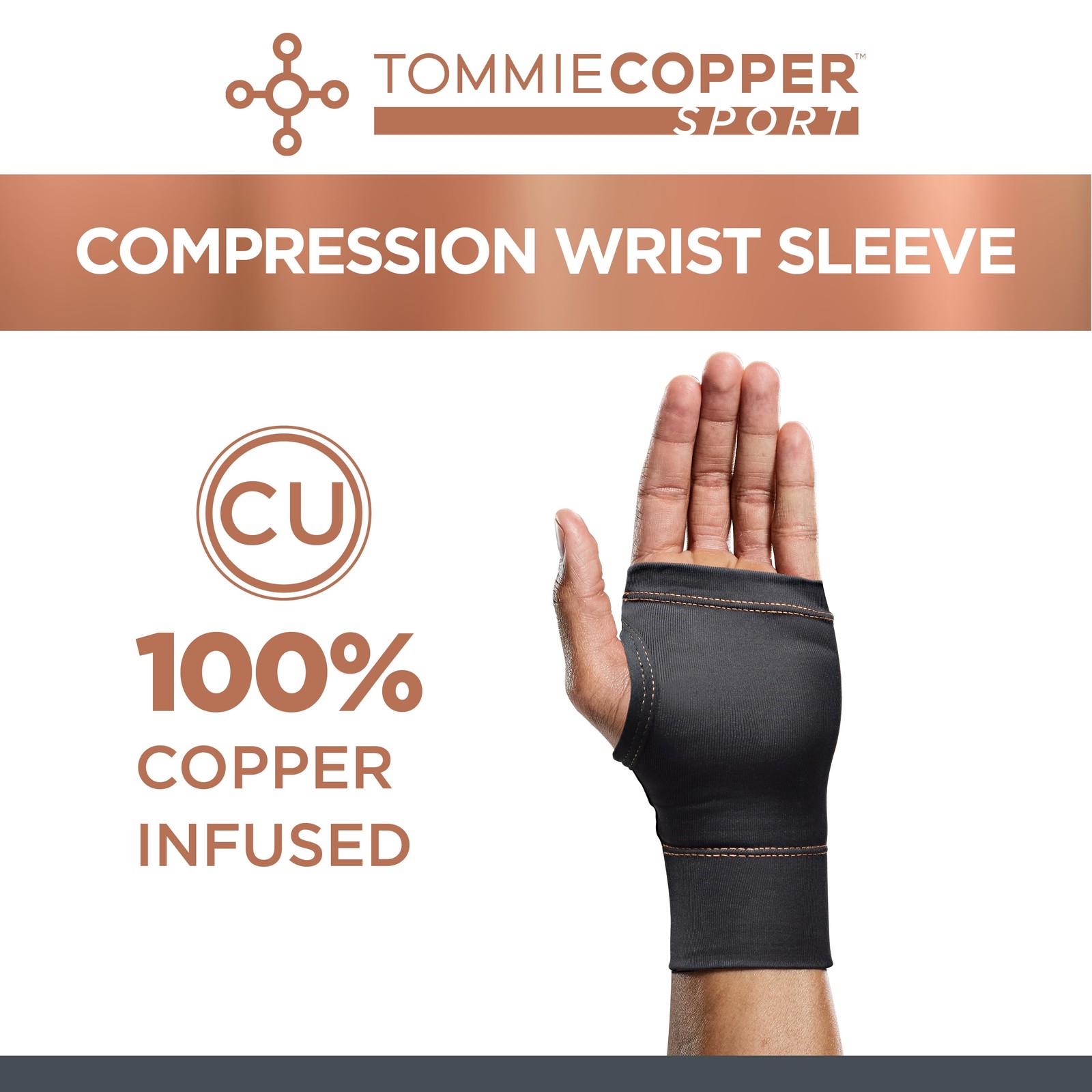 Sport Compression Wrist Sleeve Black S/M, Copper/Zinc Infused Recovery 1pc