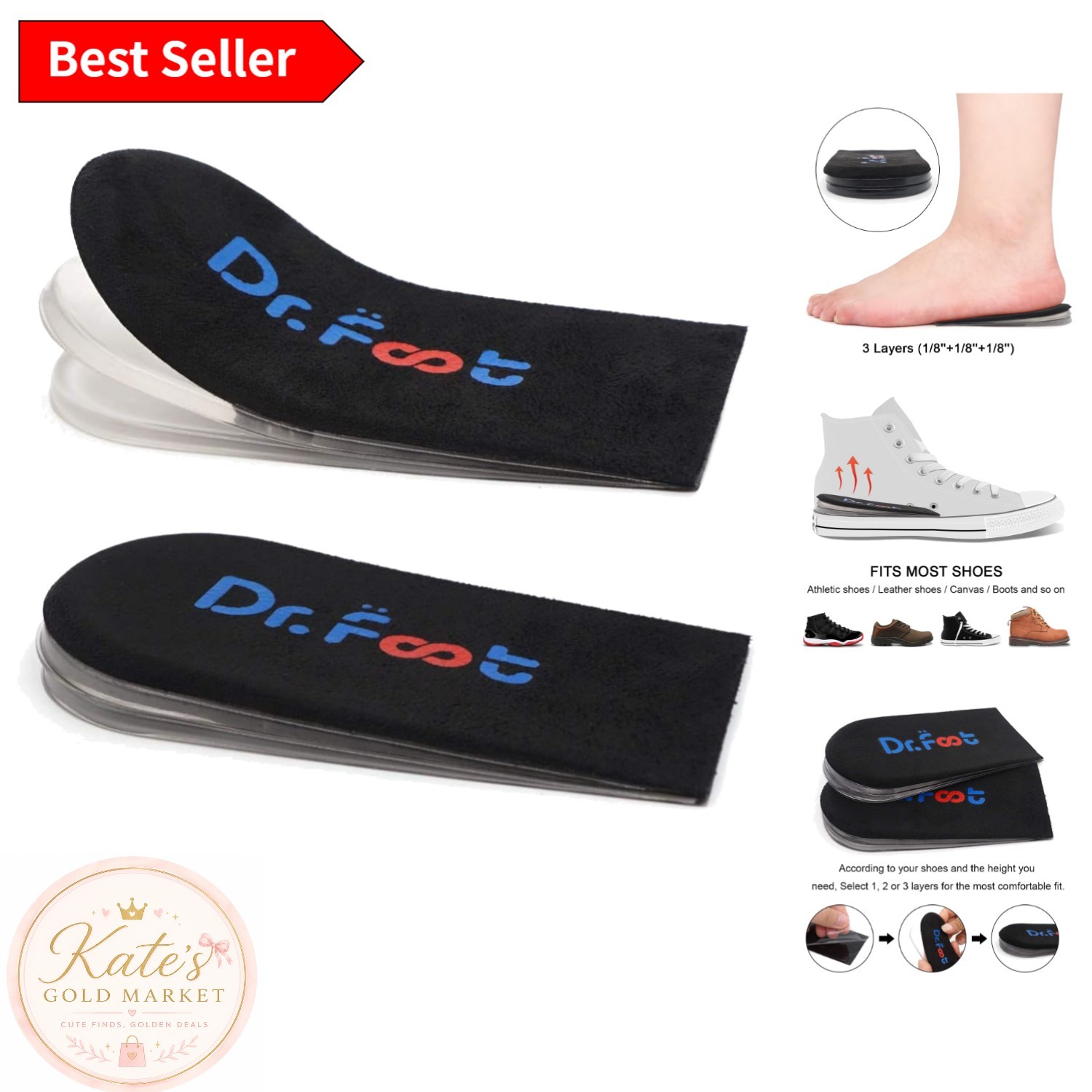 Foot Pain Relief Heel Lift Insoles – Washable Height Adjustable Inserts in Black