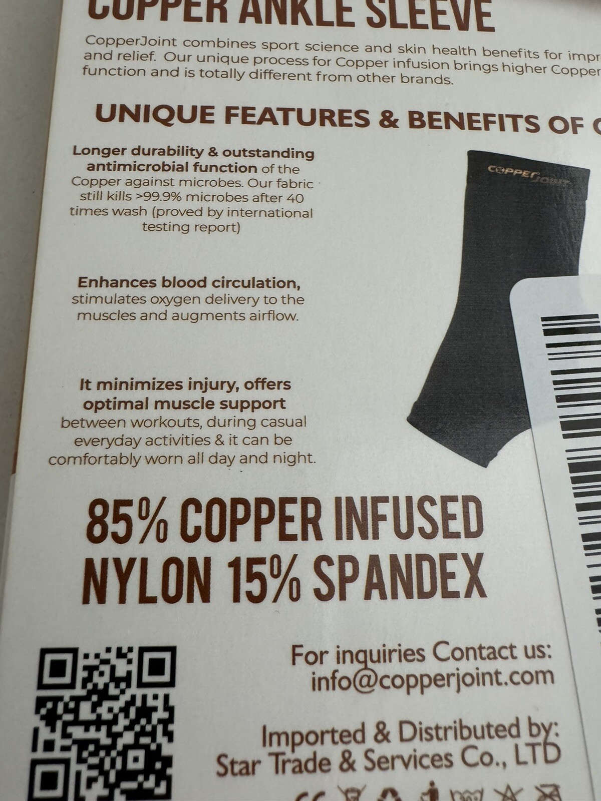 Compression Ankle Sleeve Copper Infused High Performance Breathable sz Medium