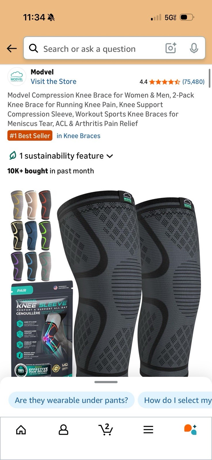 Modvel Compression Knee Brace for Women & Men, 2-Pack Knee Brace