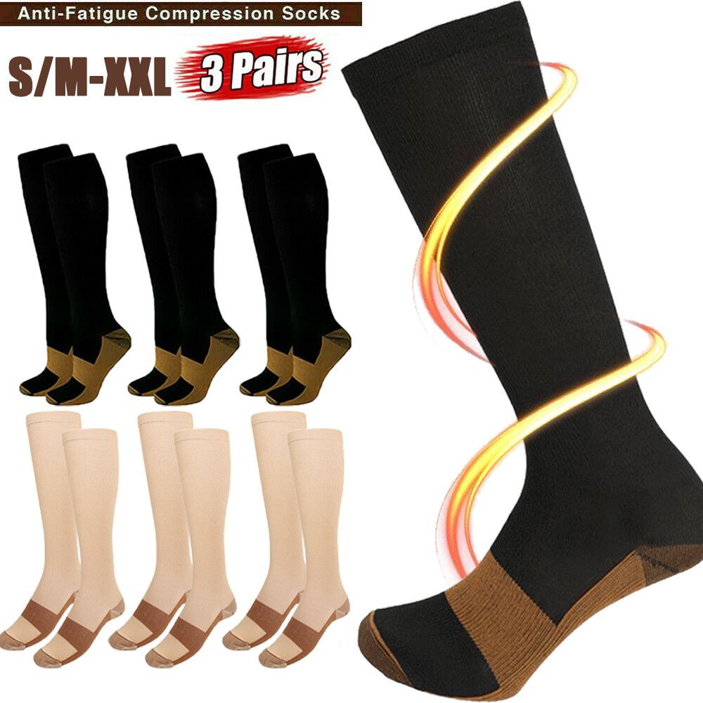 3 Pairs Compression Socks Copper Knee Support 20-30mmHg Energy Support Recover