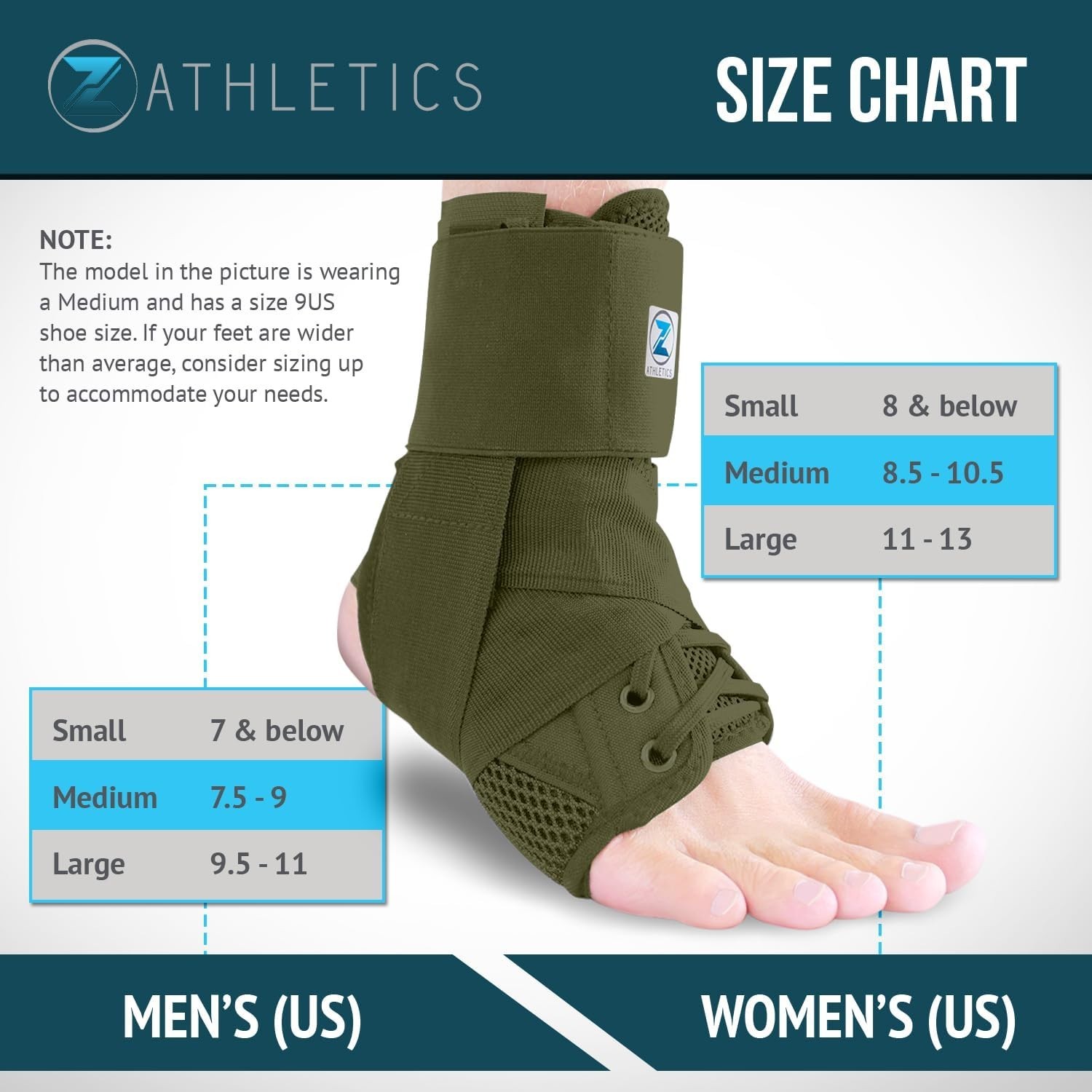Z ATHLETICS Zenith Ankle Brace, Lace Up Adjustable Medium, Olive Green
