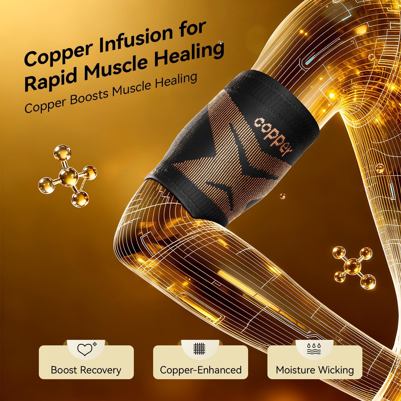 Copper Bicep Tendonitis Brace, Upper Arm Compression Sleeve Large, Deep Gold