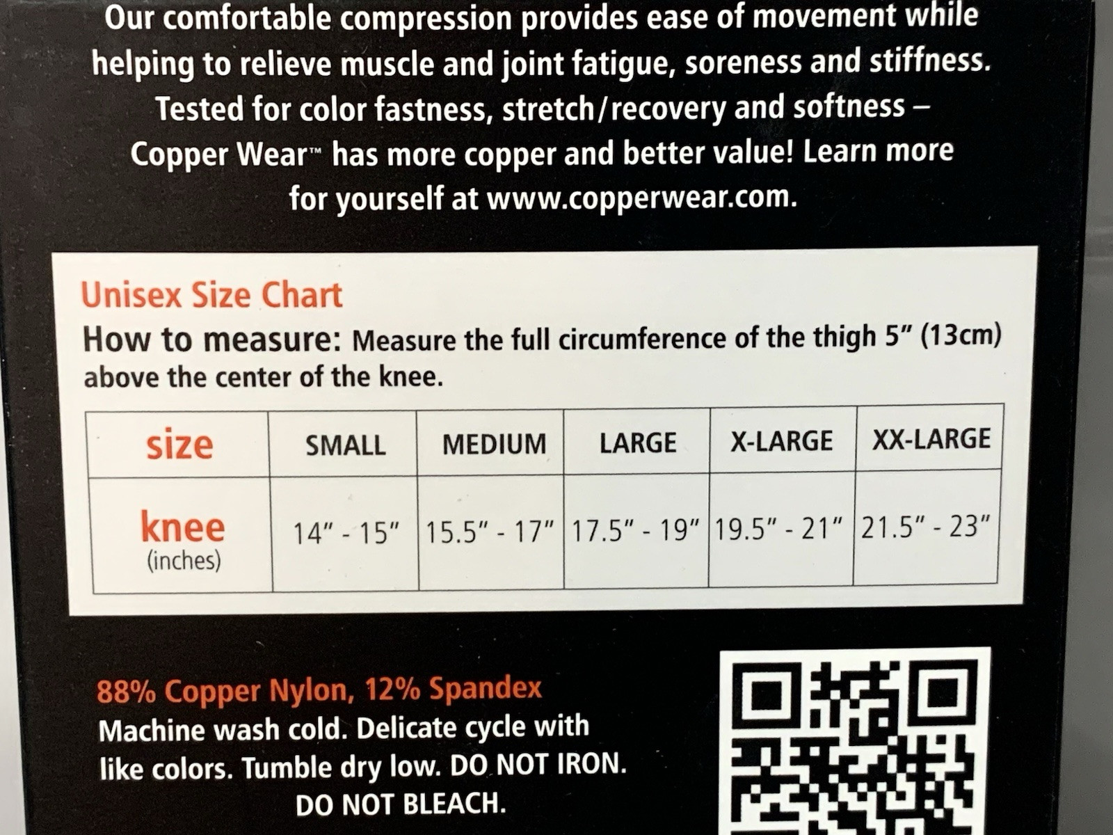 Copper Wear Unisex Compression Knee Sleeve Large 88% Nylon 12% Spandex NIB