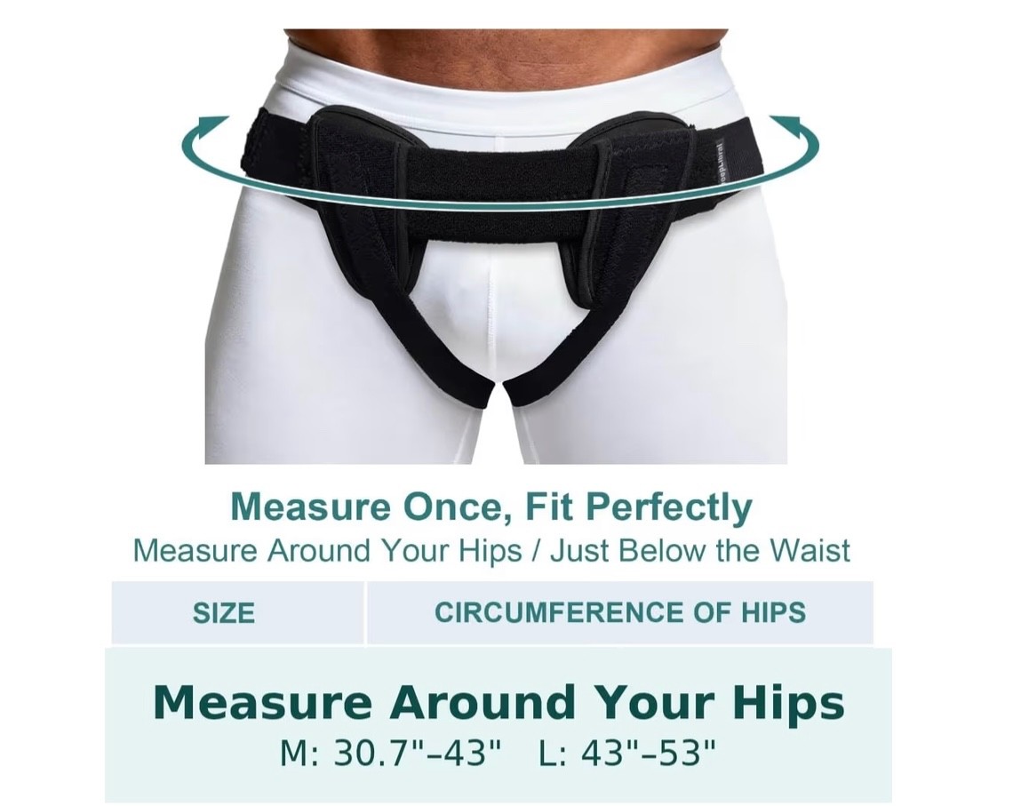 Inguinal Hernia Support Belt Two Removable Pads Trimmable Straps, L, Hips 43″-54