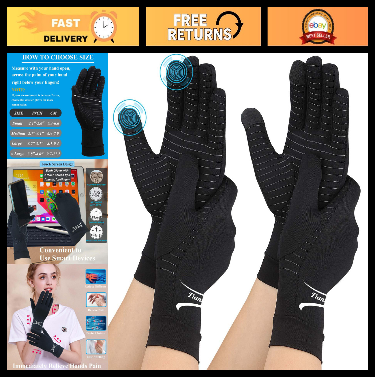 2 Pairs Full Finger Copper Compression Gloves for Arthritis Pain Relief, Touch S
