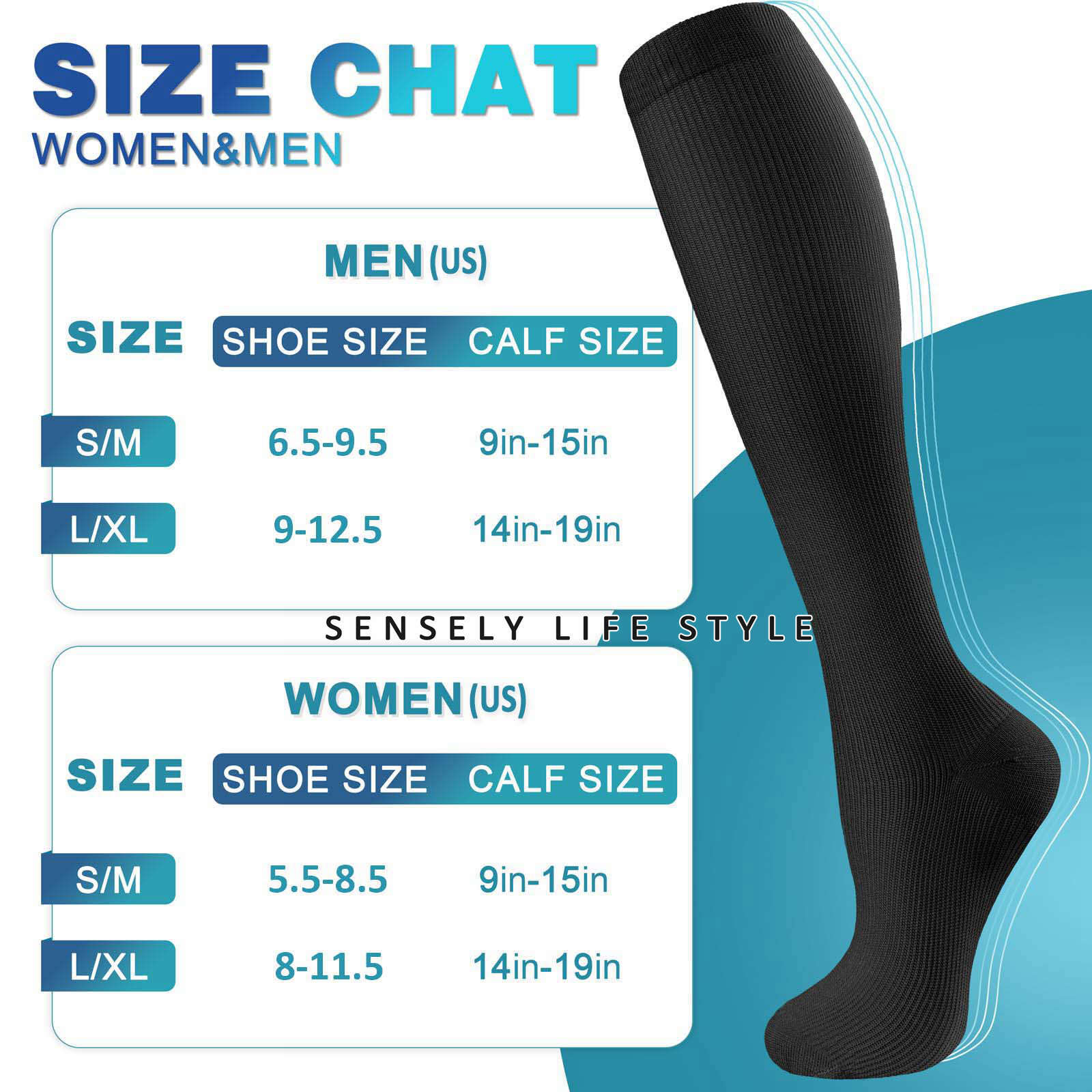 Soft Opaque Knee High Compression Socks Women Men Black (3 Pairs) Size LG: 5-13