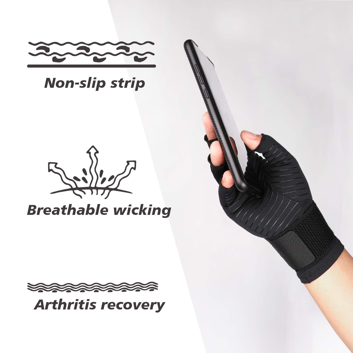 THX4COPPER Compression Arthritis Gloves with Strap, Large-X-Large, Black