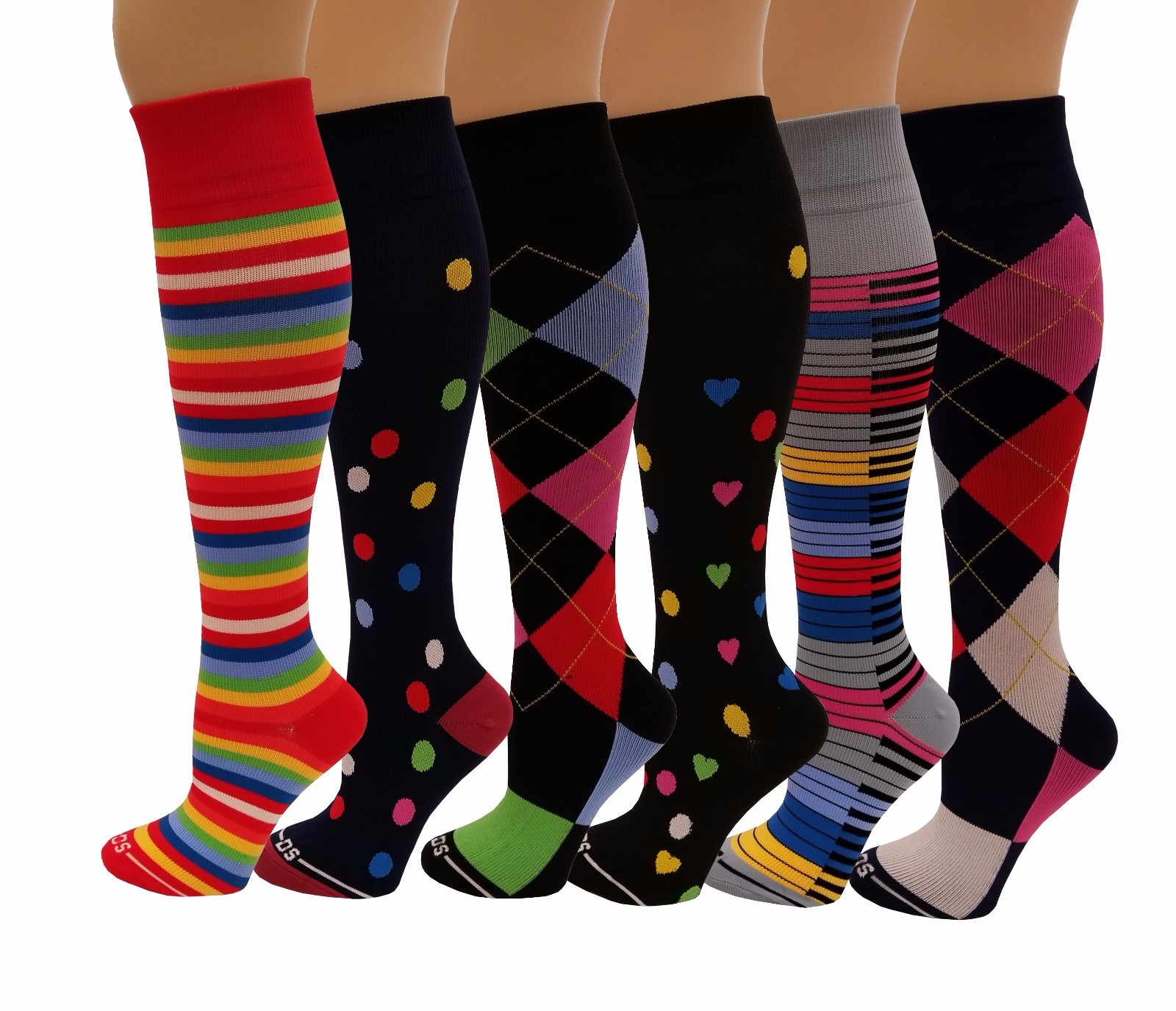 6 Pairs Pack 15-20 mmHg Sports Travelers Anti-Fatigue Compression Socks 9-11