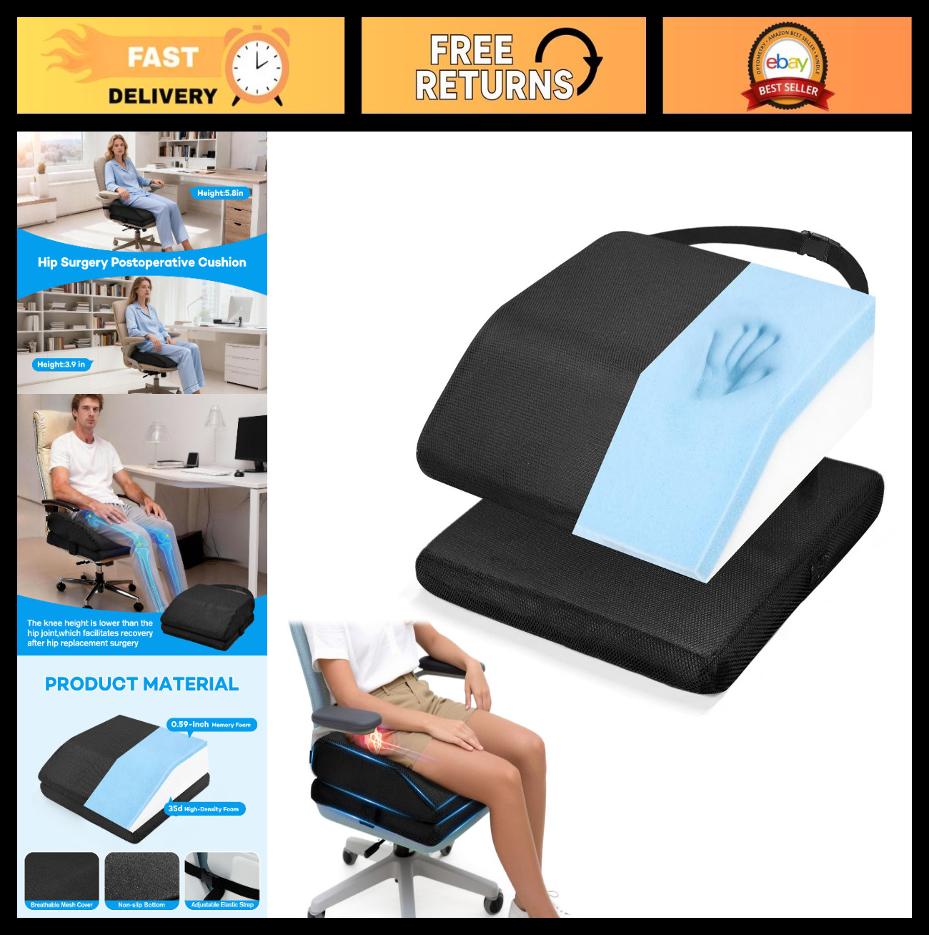 Adjustable Memory Foam Cushion for Hip Surgery Recovery, Non-Slip, Long Sitting