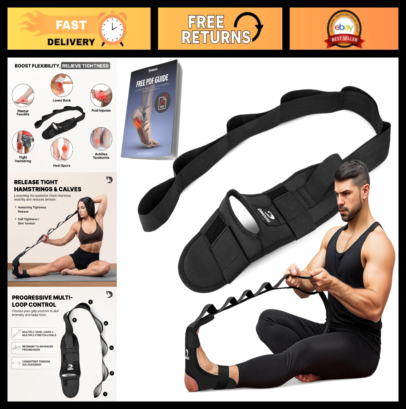 Adjustable Foot & Calf Stretcher Strap for Plantar Fasciitis, Hamstring Relief,