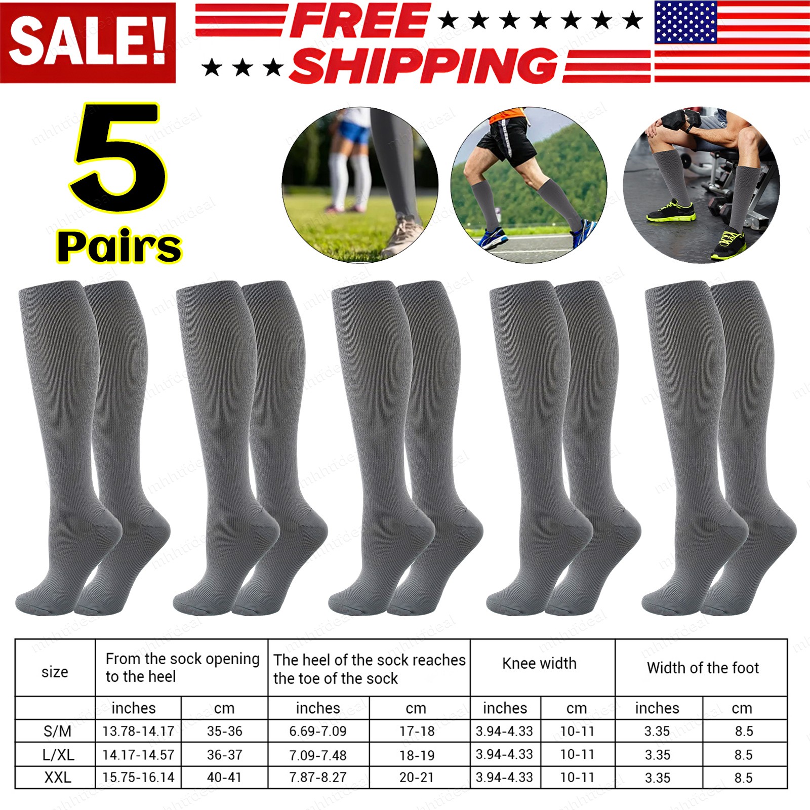 5-Pair Mens Womens Compression Socks 20-30mmHg Running Hiking Nurse Support Gray