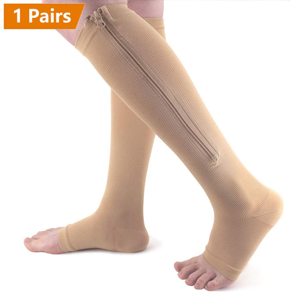 Zipper Open Toe Compression Socks 20-30mmHg Calf Leg Ankle Support Stocking