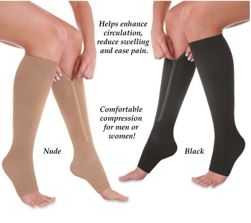 3 Pair Compression Zippered Socks Open Toe High Knee Circulation Easy On/Off
