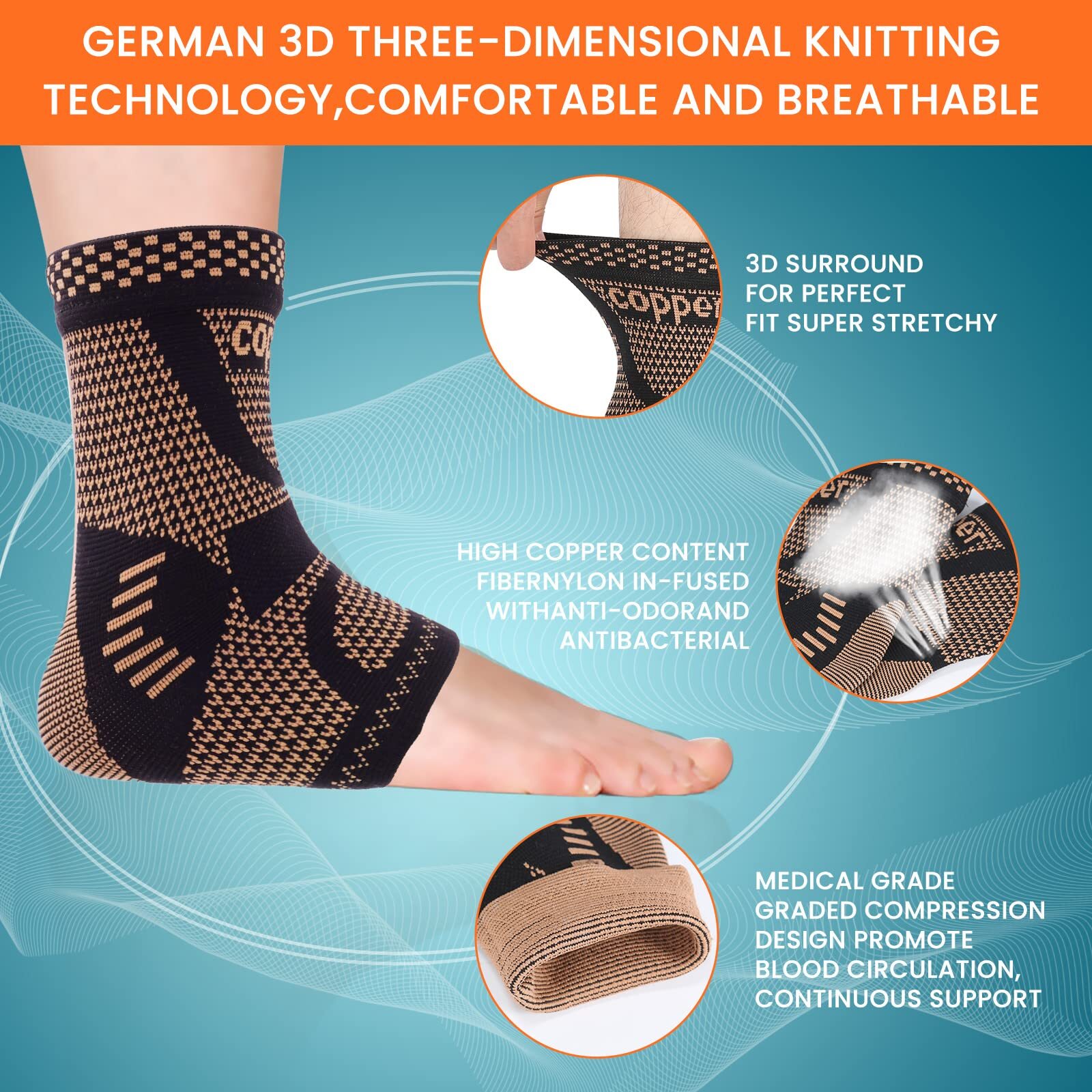 Copper Ankle Brace Support Compression Sleeve Socks Foot Fasciitis Pain Relief