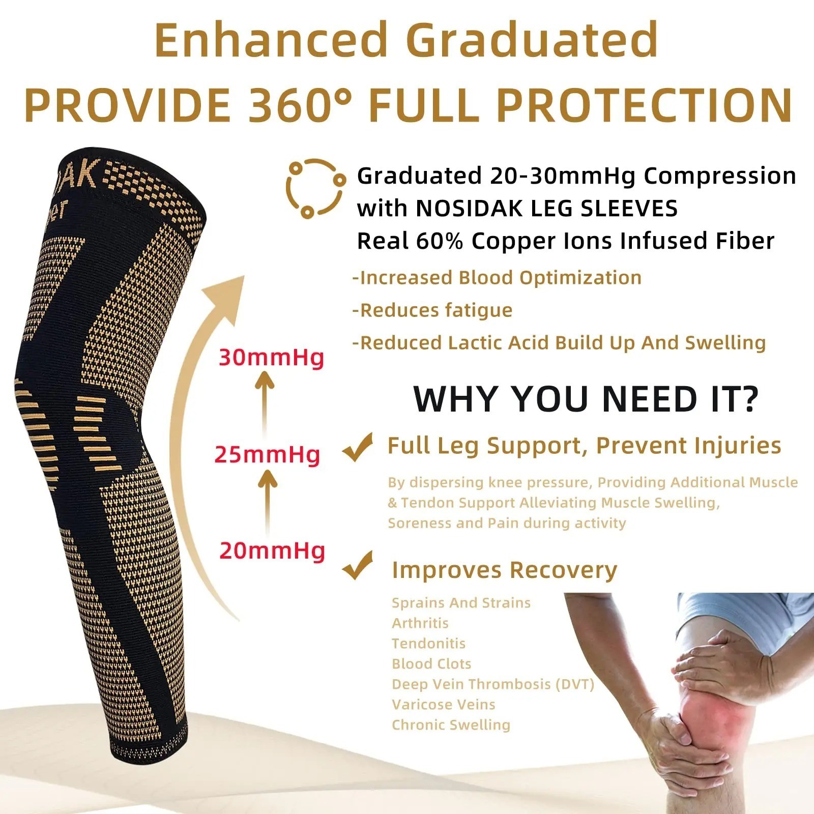 Copper Compression Knee Sleeve Full Leg Support Knee Brace Breathable Knit