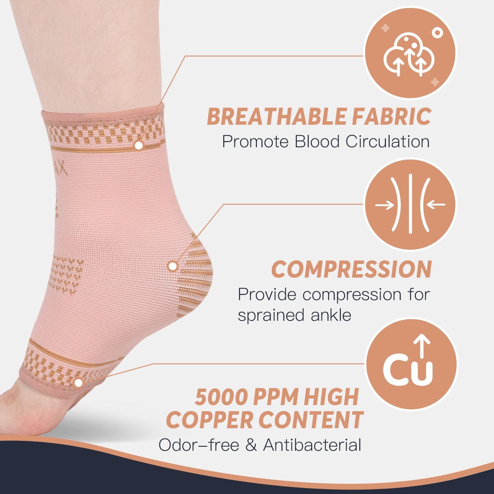 Copper Ankle Brace Compression Sleeve for Plantar Fasciitis Golden Pink XL