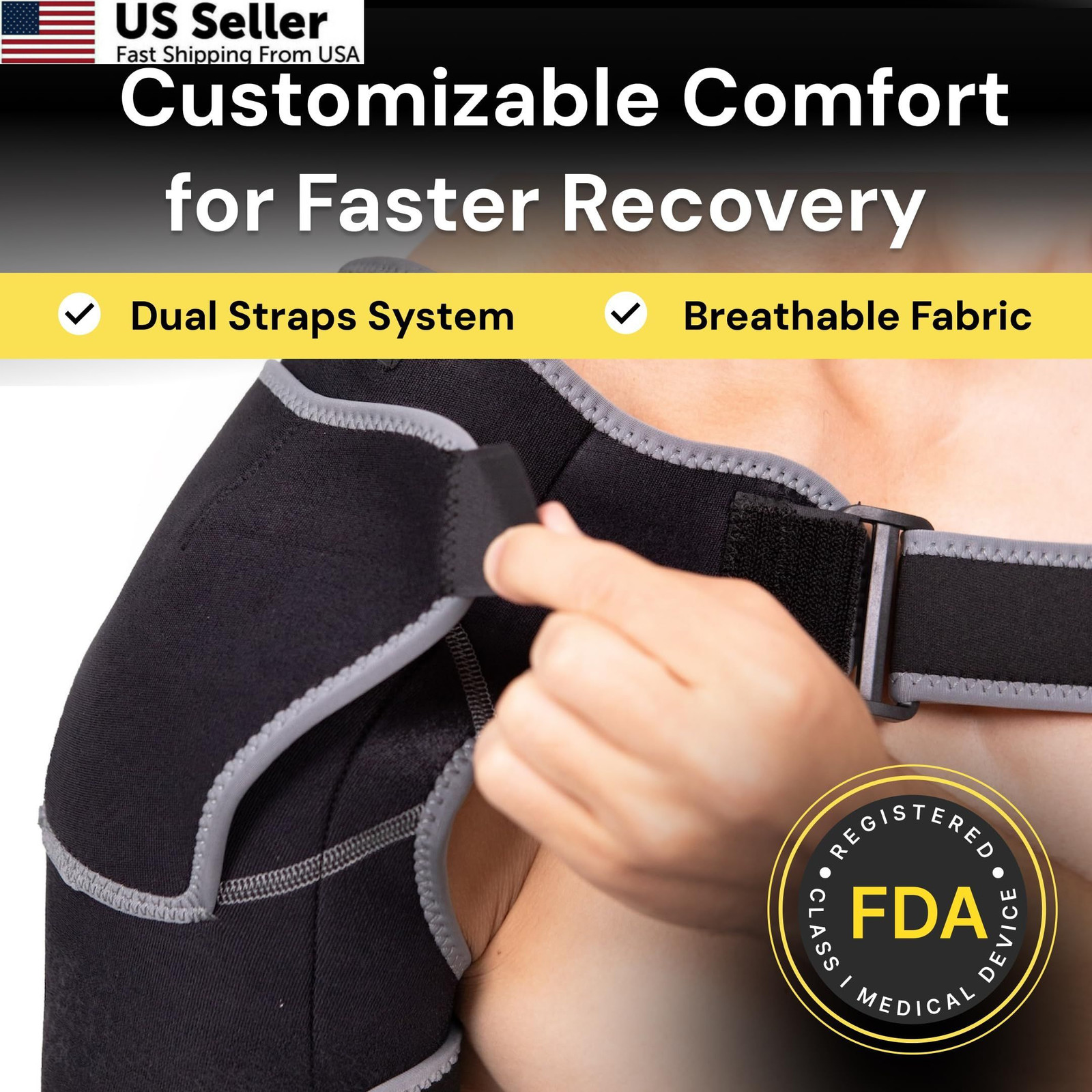 BraceUP Shoulder Brace with Adjustable Support and Ice Pad Pocket for Black