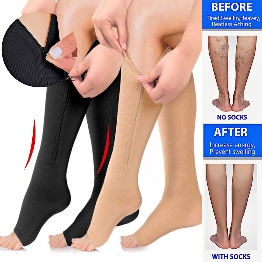 Women Men Compression Socks 20-30mmHg Opened Toe With Zipper Leg Pain Relief