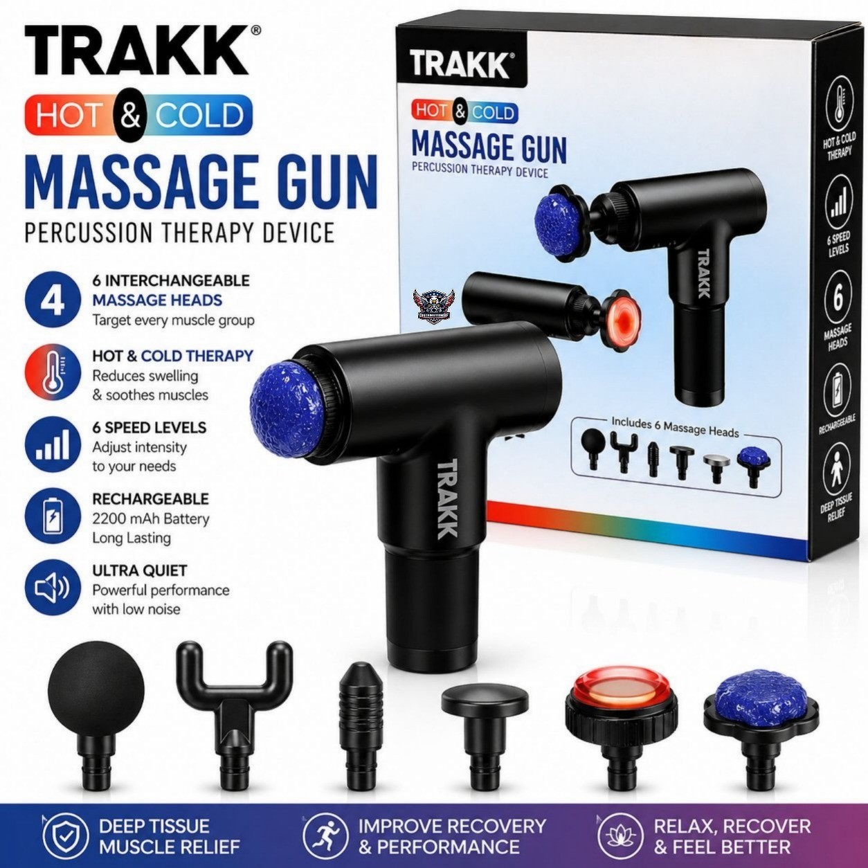 TRAKK Hot & Cold Massage Gun 6 Heads Deep Tissue Percussion Massager New