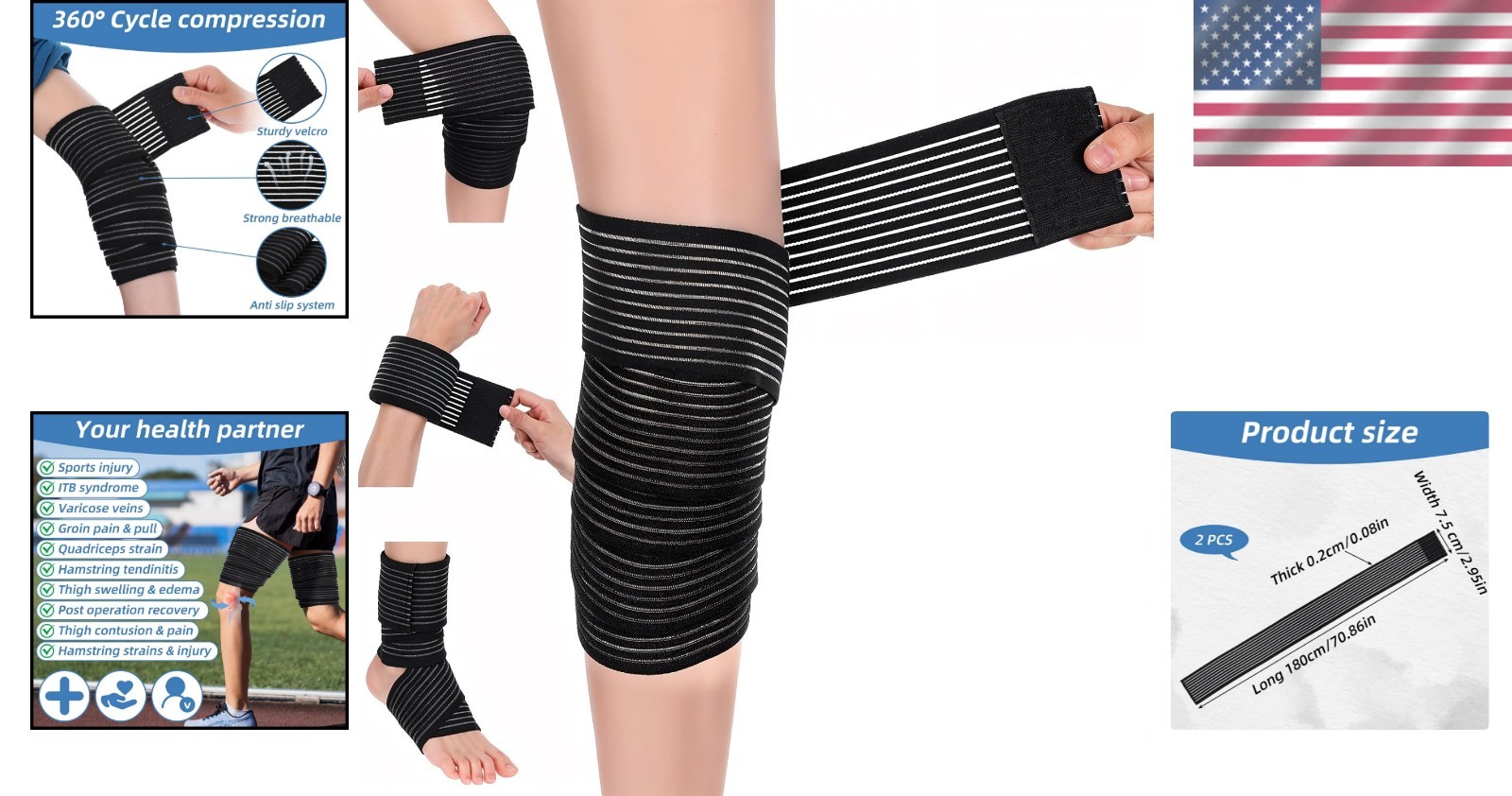 High-Quality Black Knee Wraps – 2 PCS Elastic Compression for Active Lifestyles
