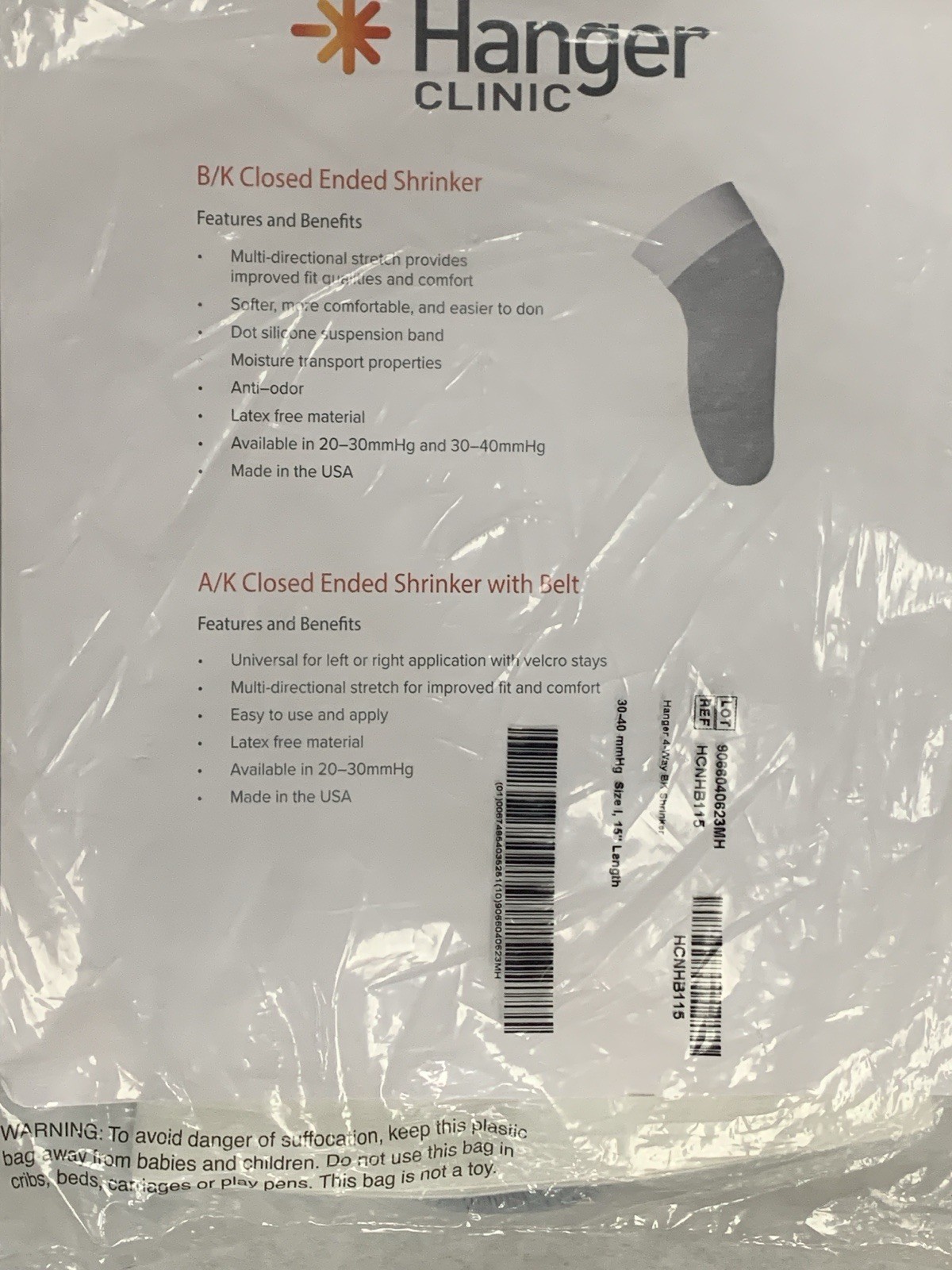 NEW HANGER CLINIC HCNMB115 BK CLOSED ENDED SHRINKER 20-30mmHG SIZE 1 LENGTH 15″