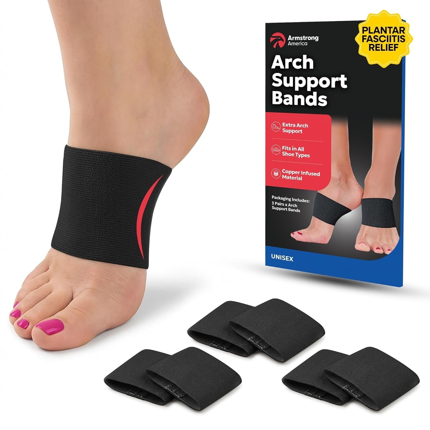 Versatile Foot Arch Support Bands for Flat Feet & High Arches – Black, 6 Count