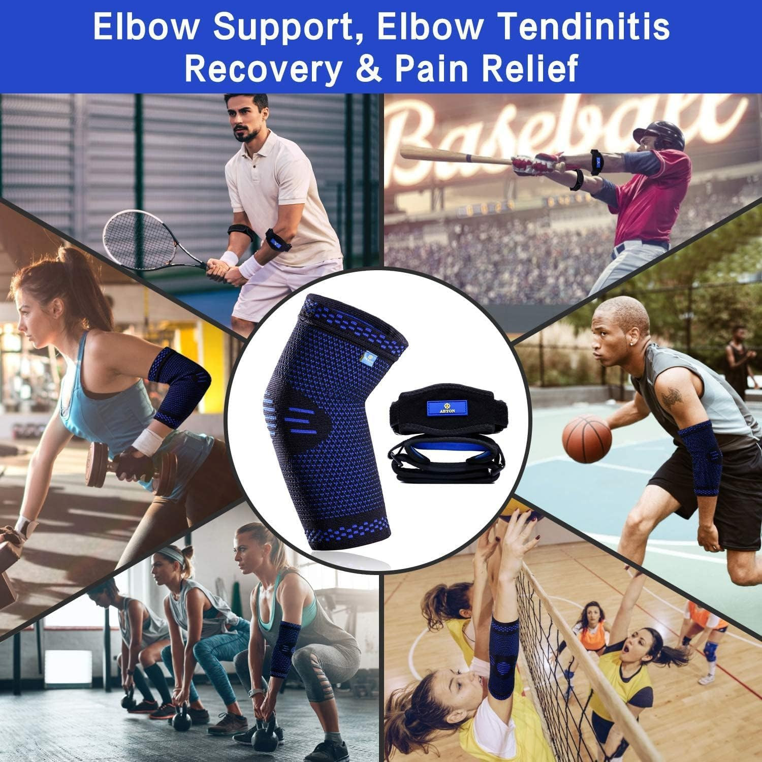 Compression Elbow Support, 1 Piece Compression Sleeve + 2 Pcs Tennis Elbow Pads