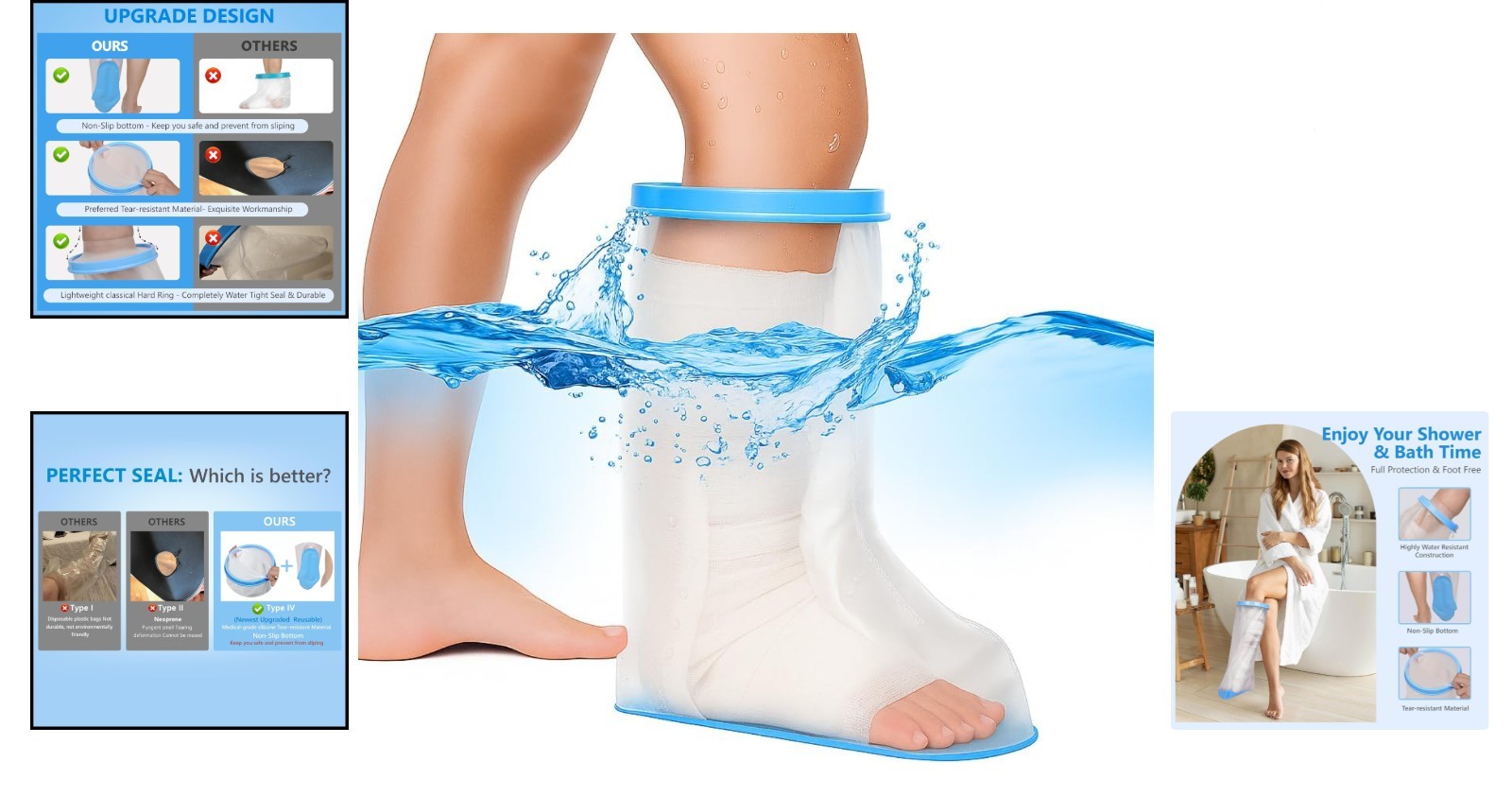 100% Waterproof Leg Cast Cover for Shower with Non-Slip Bottom Reusable Shower