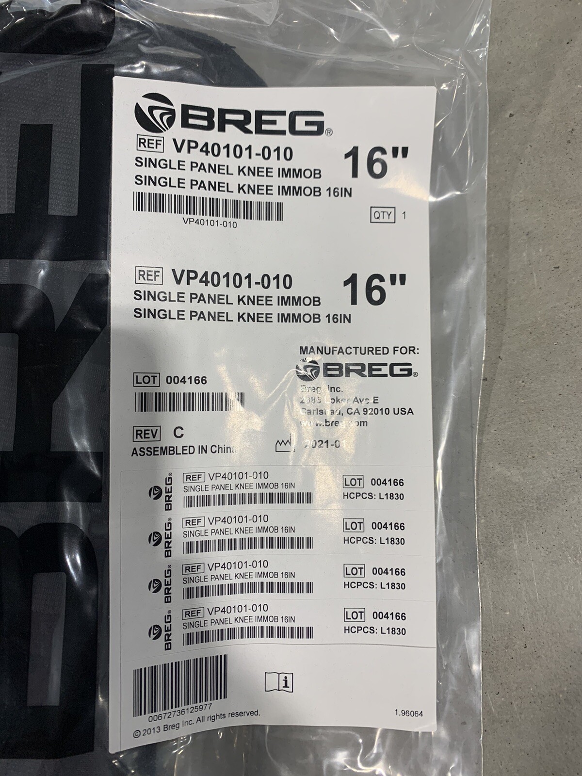 BREG VP40101-010 Single Panel 16″ Knee Immobilizer Brace *NEW SEALED*