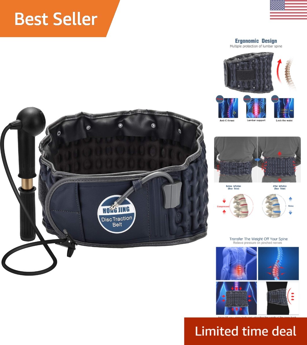 Clinical Grade Decompression Back Brace – Hand Pump – One Size Fits 29-49 Waist