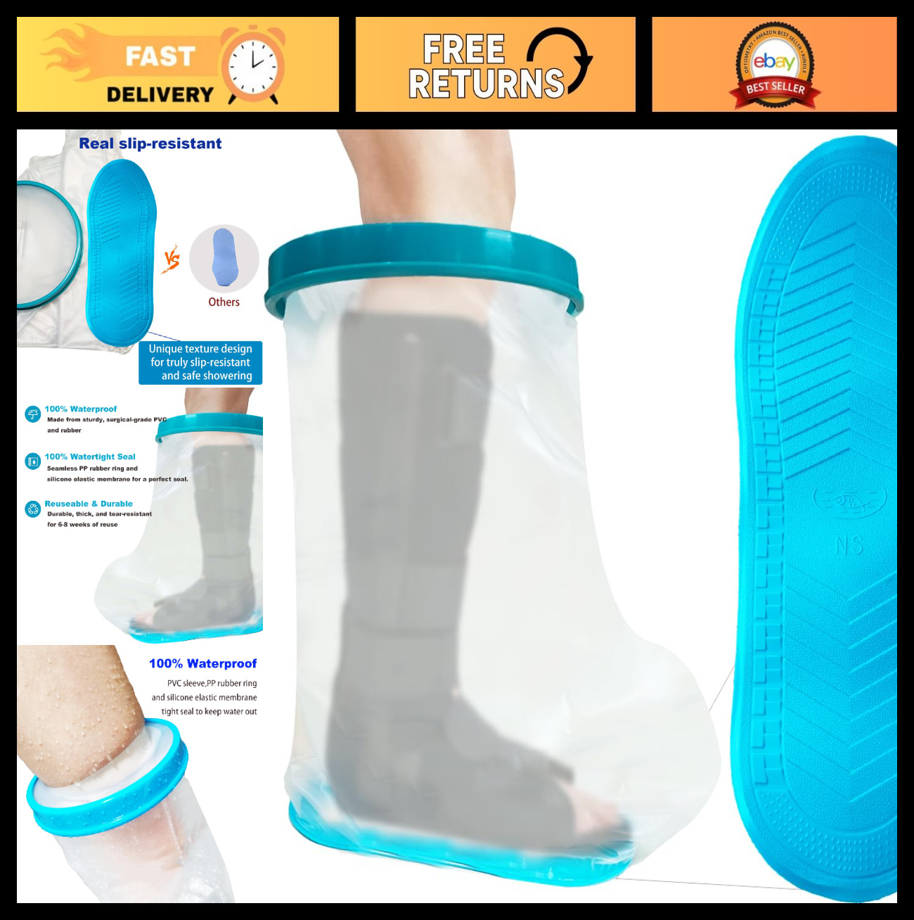 Non-Slip Extra Wide Waterproof Leg Cast Cover for Shower, Reusable XL Protector
