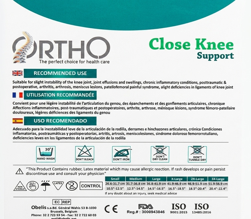ORTHO close knee support brace/sleeve Beige Egyptian cotton CE FDA ISO