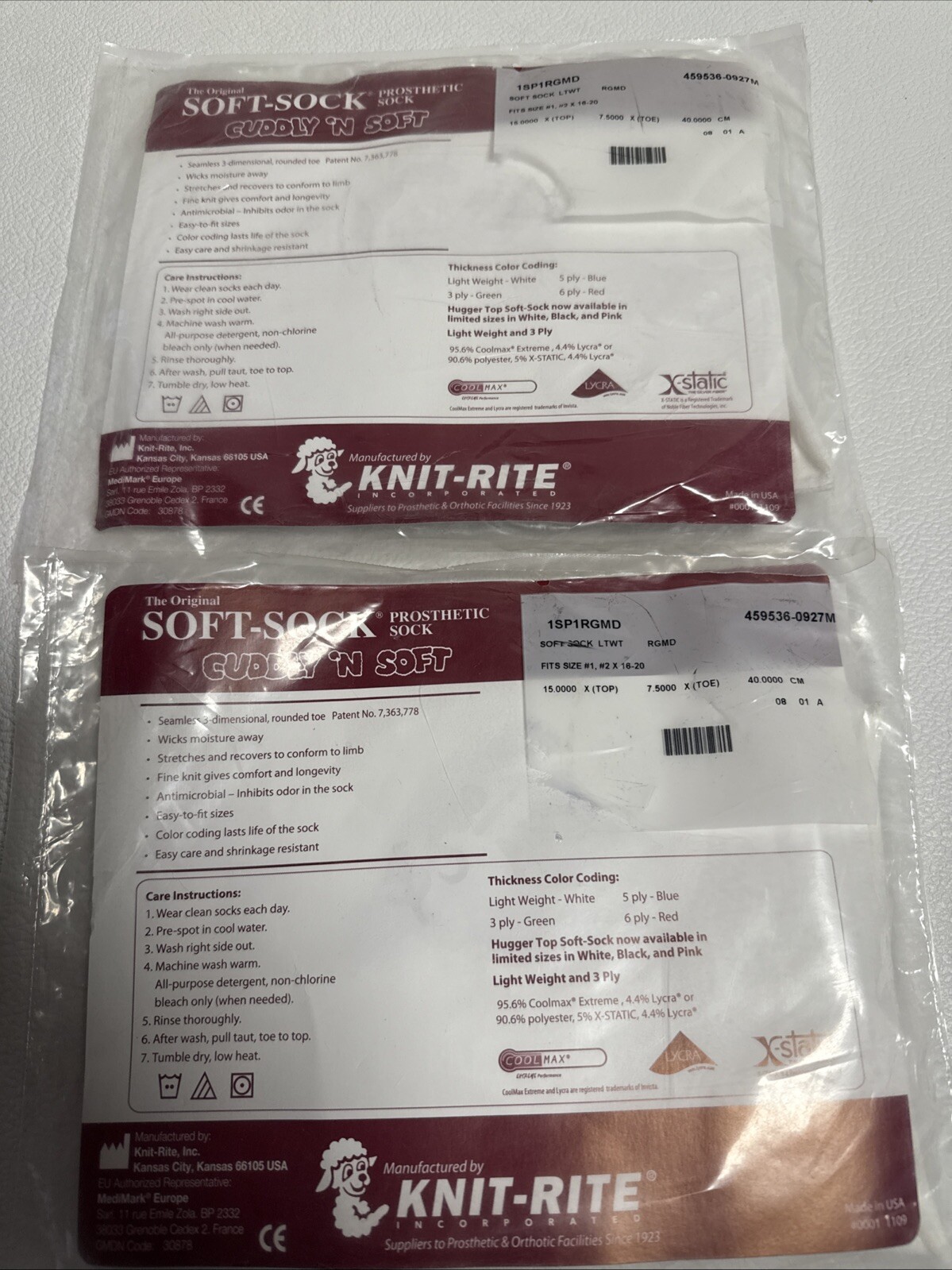 2 Knit-Rite Prosthetic Soft Sock Cuddly ‘N Soft Size #1 #2 16-20 NEW