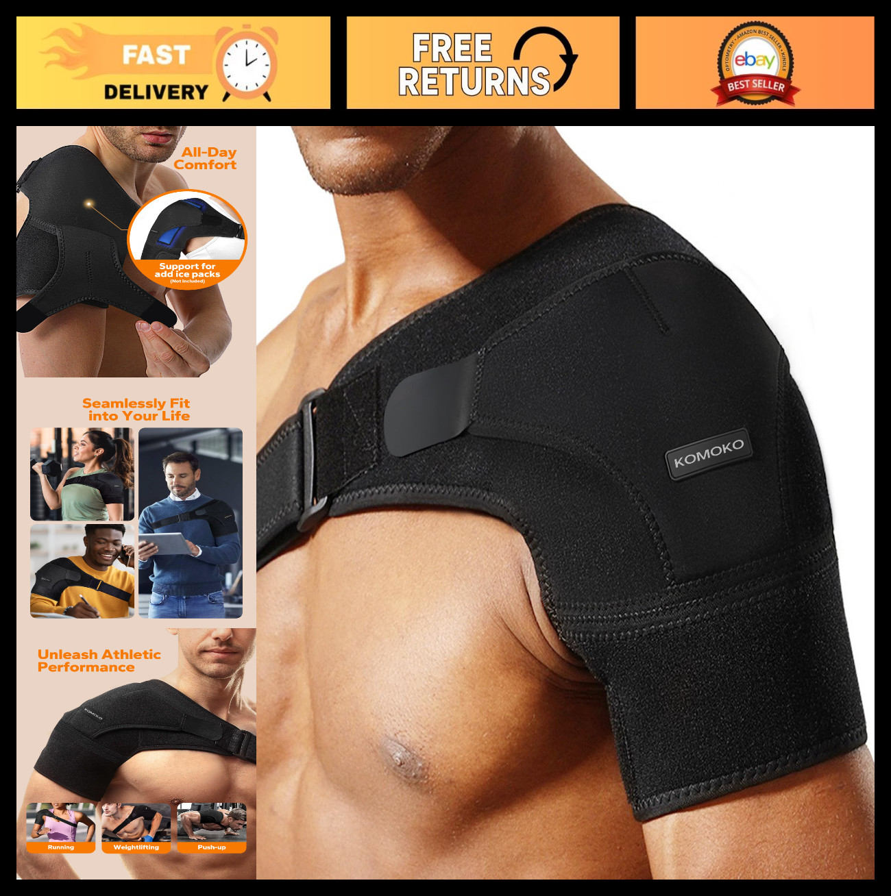 Komoko Shoulder Brace, Rotator Cuff Support Brace and Arm Sling for Pain Relief