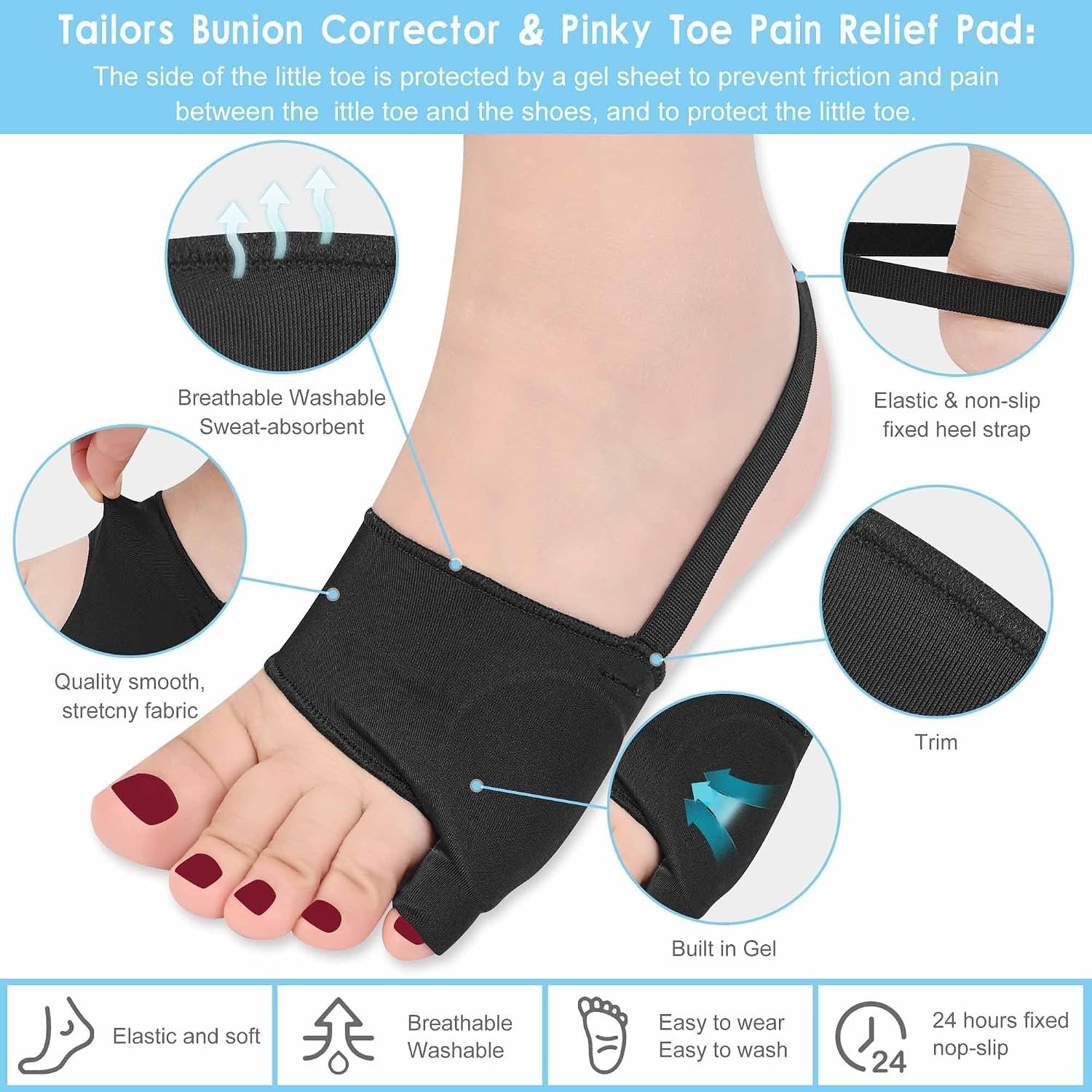1PAIR Bunion Sock (BLACK-L) Bunionette Sleeves with Built-in Silicon Gel Pads