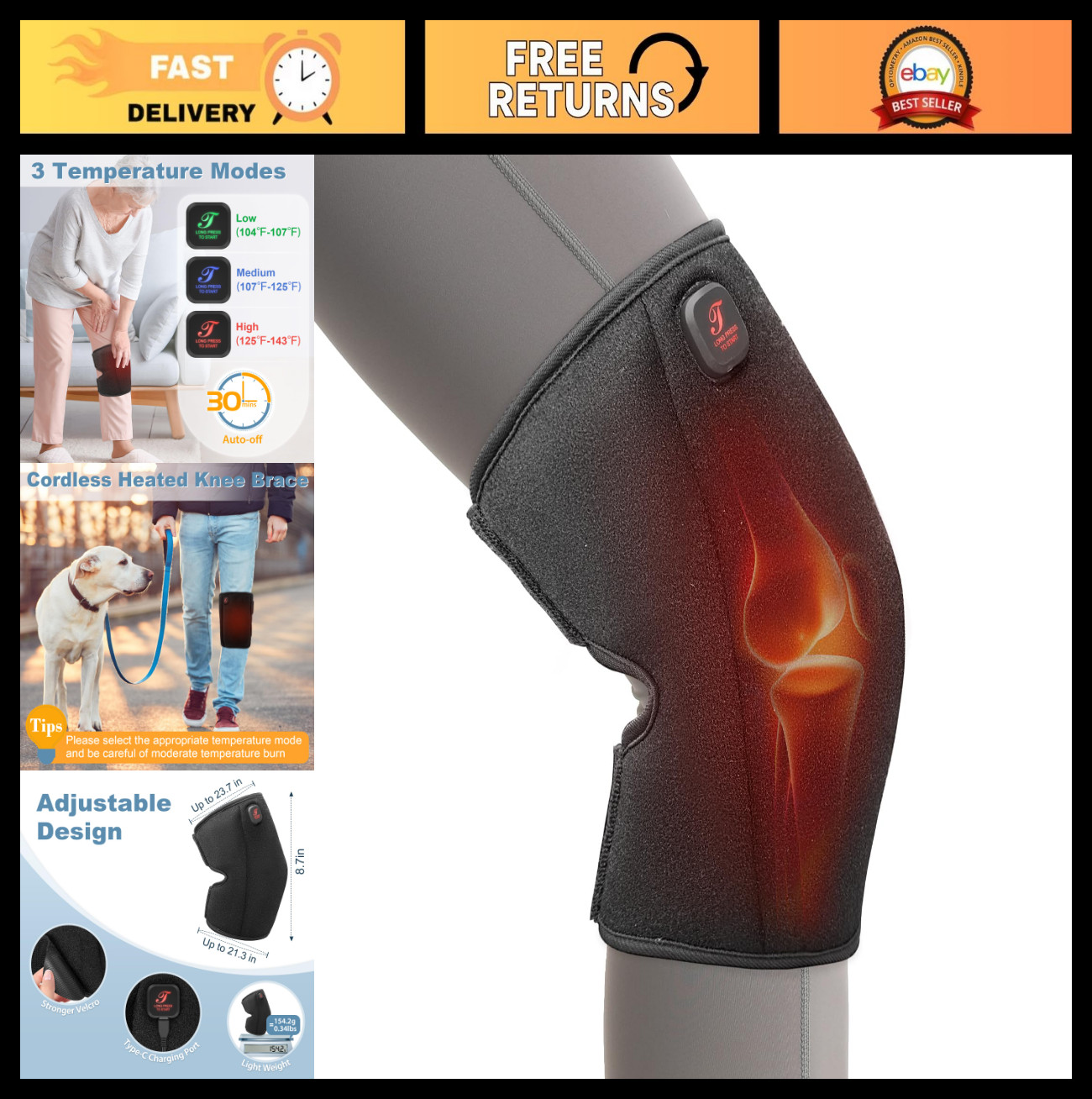 Cordless Heated Knee Brace Pad for Arthritis Relief, 3 Heat Settings, Battery Op