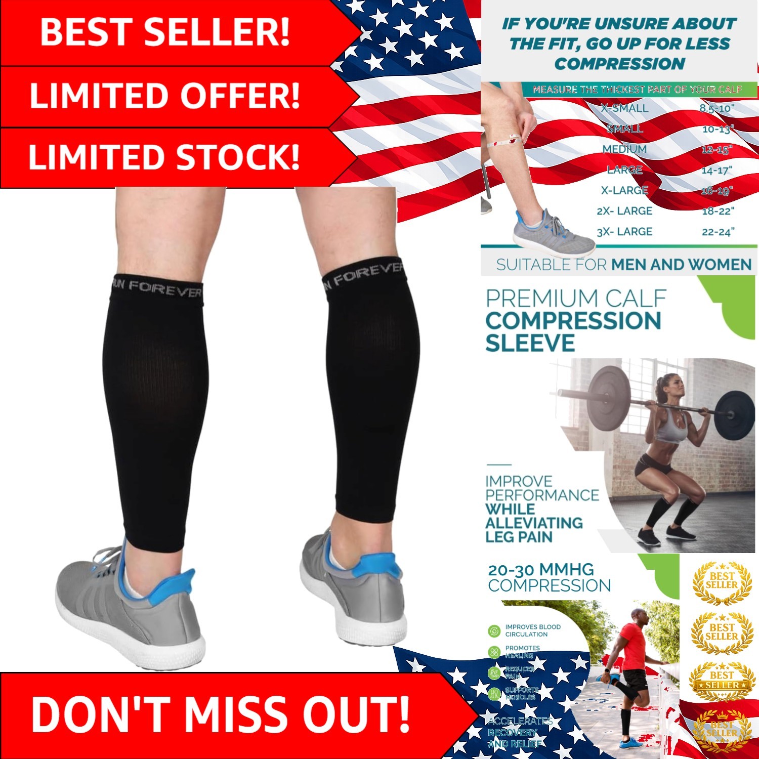 Durable Calf Sleeves with 20-30 mmHg Compression – Large Size for Men & Women