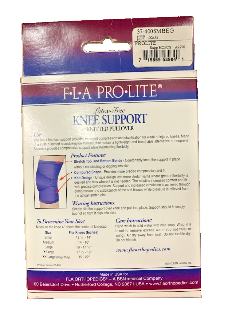 FLA Pro-Lite Knitted Pullover Knee Support, Small, Beige, Latex Free Compression