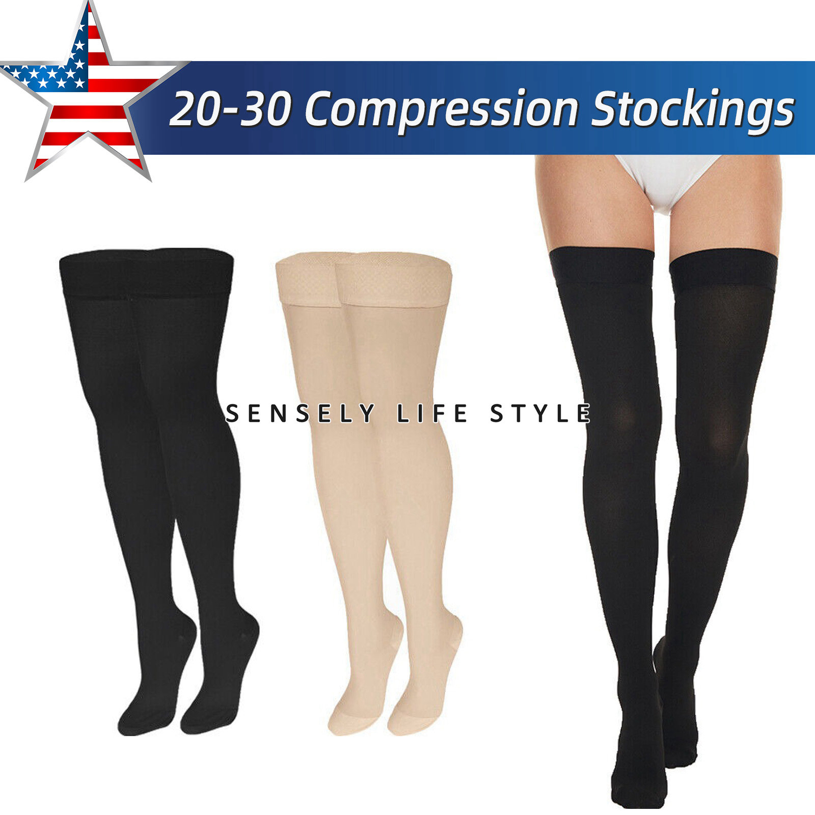 Black / Beige Compression Stockings Women 20-30 Mmhg Thigh High Socks Body Curve